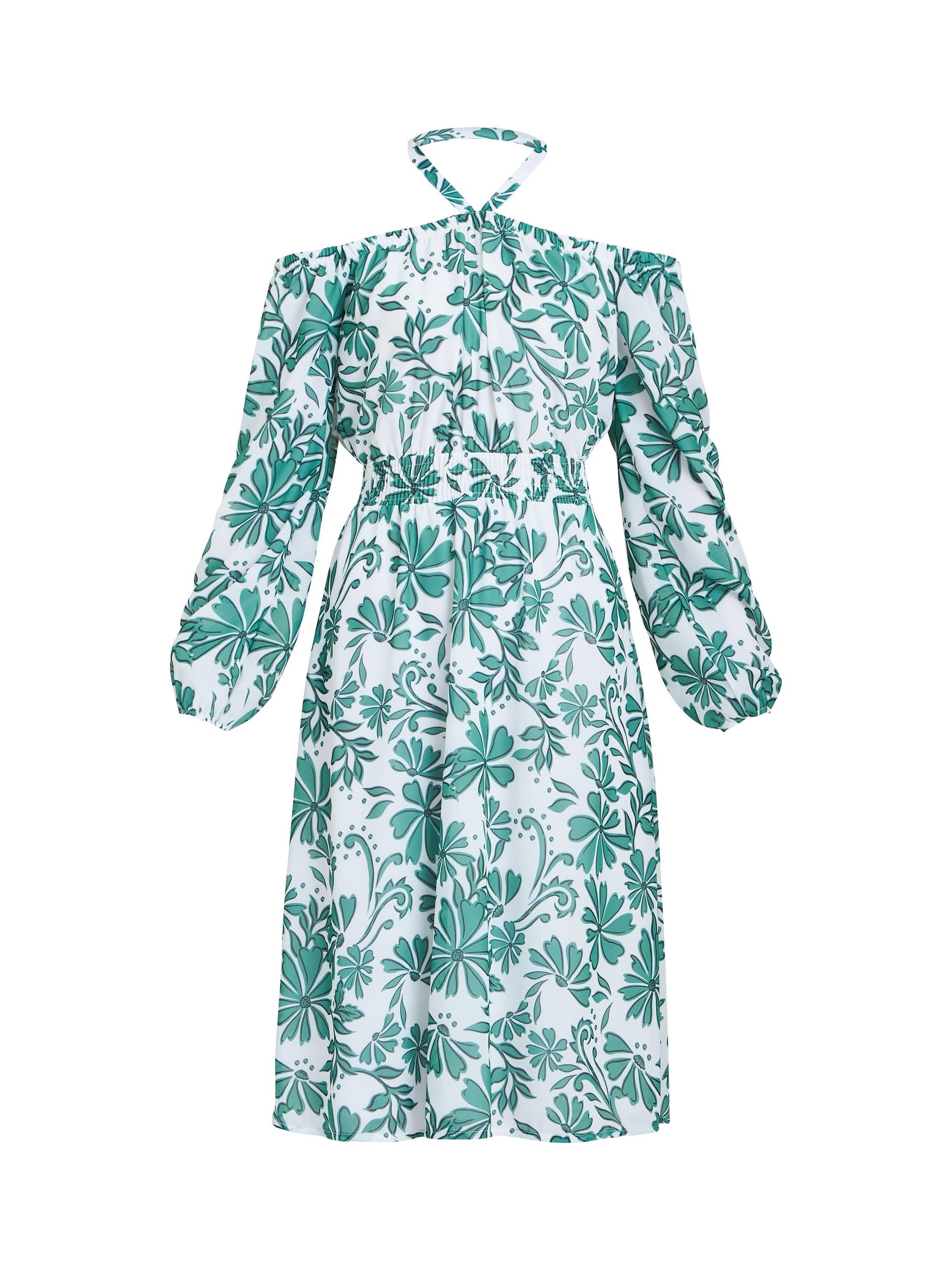 Product image 4 of 5, which shows Gina Bacconi Ryan Long Sleeve Off Shoulder Midi Dress, Green/White, 8|10
