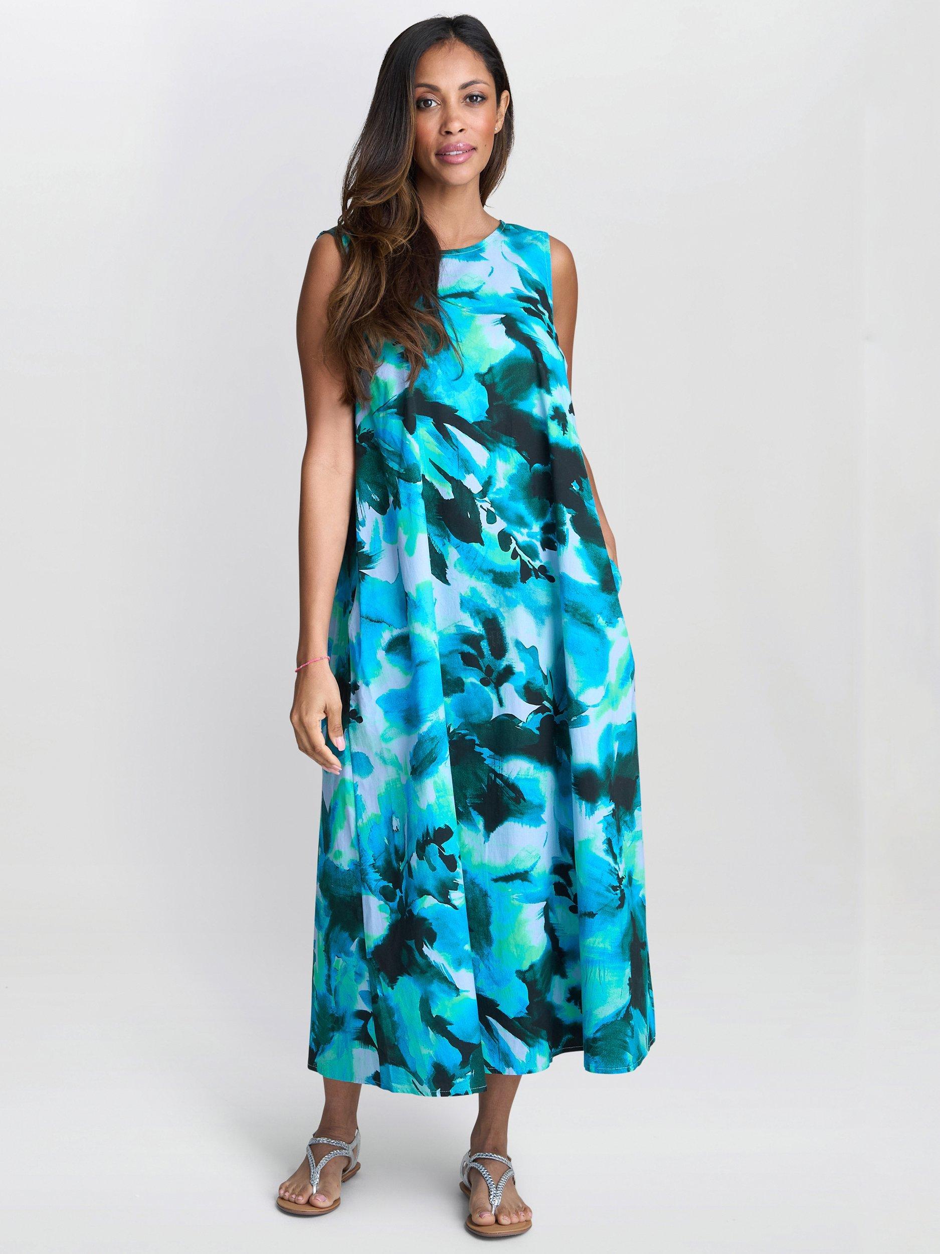 Product image 1 of 5, which shows Gina Bacconi Rory Cotton Abstract Print Tent Dress, Teal/Multi, 8|10
