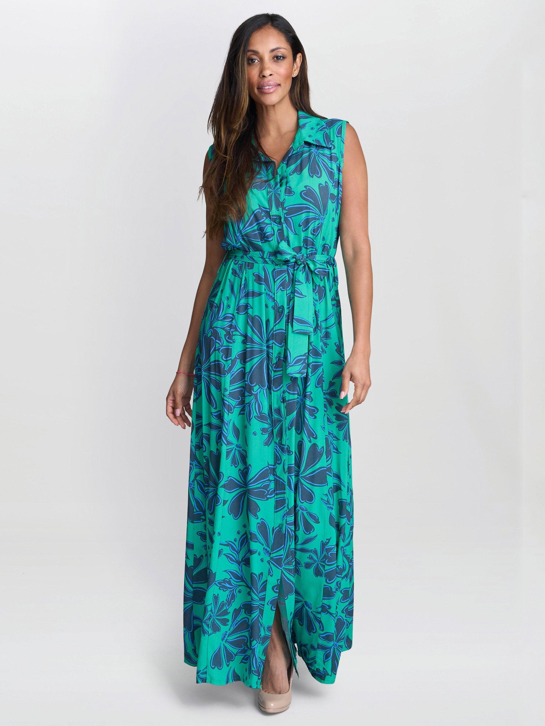 Product image 1 of 6, which shows Gina Bacconi Reagen Sleeveless Maxi Shirt Dress, Green/Blue, 8|10