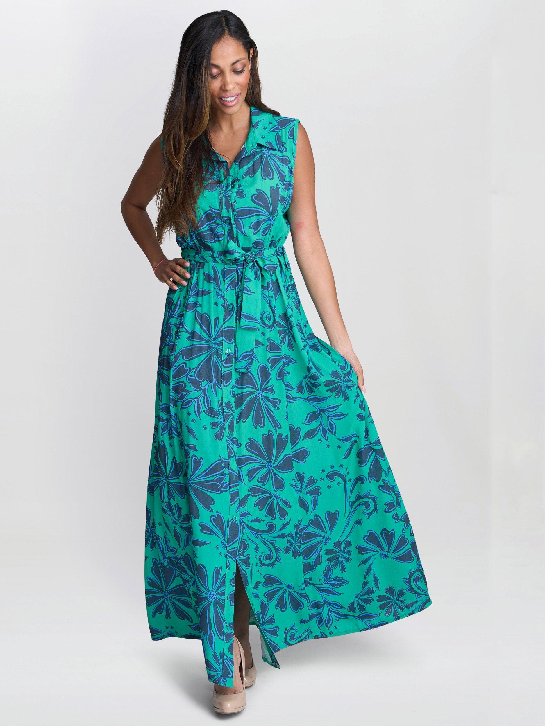 Product image 3 of 6, which shows Gina Bacconi Reagen Sleeveless Maxi Shirt Dress, Green/Blue, 8|10