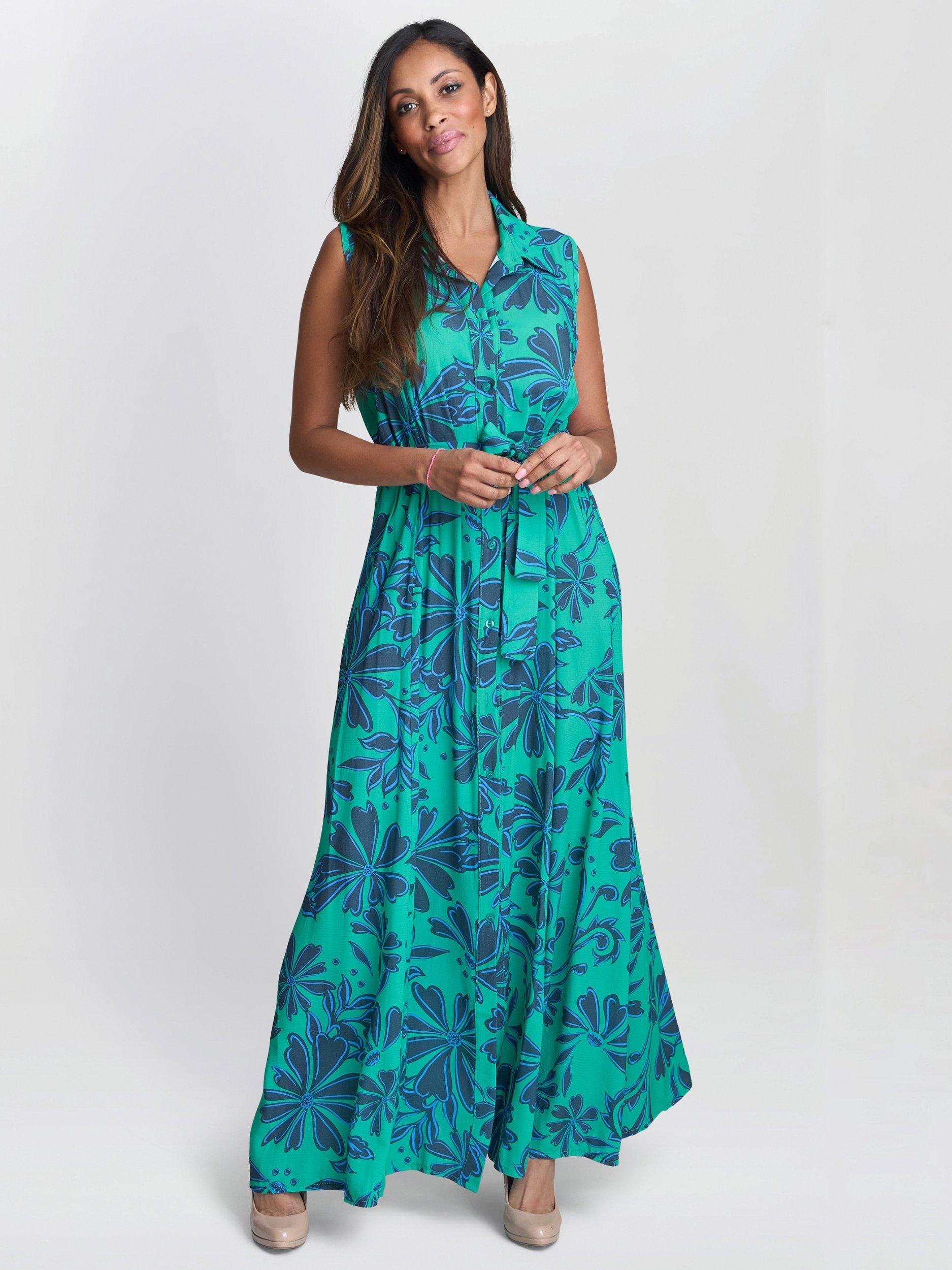 Product image 6 of 6, which shows Gina Bacconi Reagen Sleeveless Maxi Shirt Dress, Green/Blue, 8|10