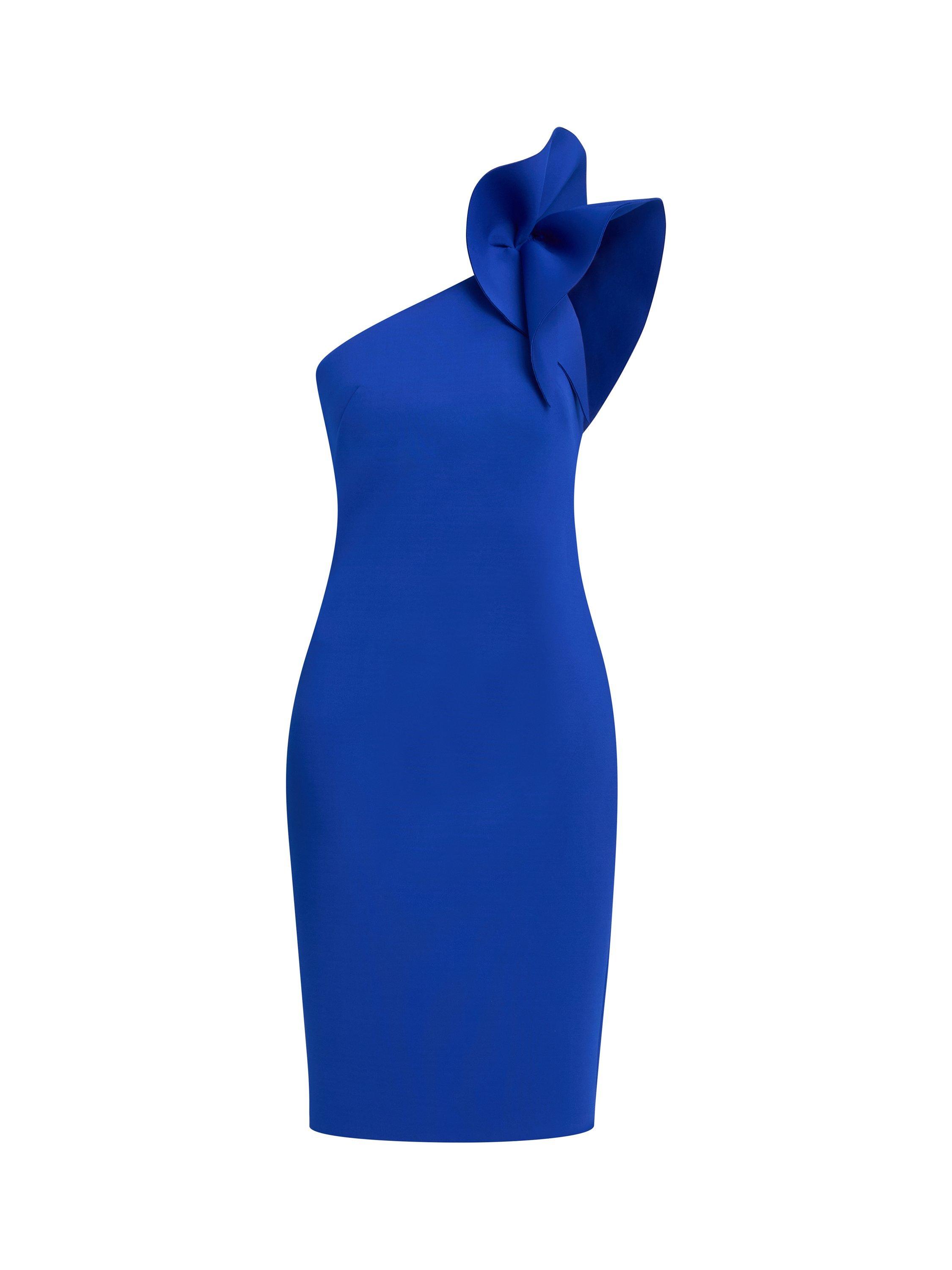 Product image 4 of 5, which shows Gina Bacconi Valentina Asymmetric Frill Sleeve Dress, Cobalt, 8