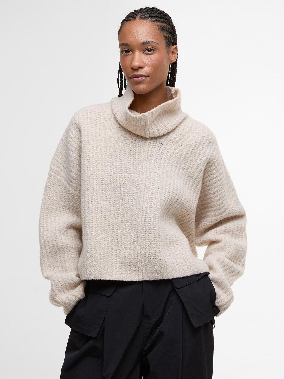 Product image 1 of 6, which shows Barbour Imelda Funnel Neck Jumper, Aran, 12
