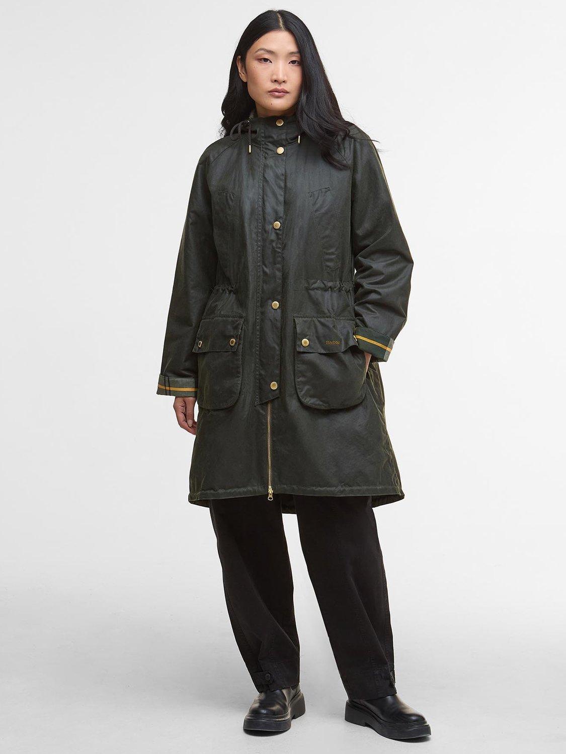 Product image 1 of 5, which shows Barbour Marcy Waxed Cotton Blend Parka Jacket, Fern/Ancient Tartan, 6