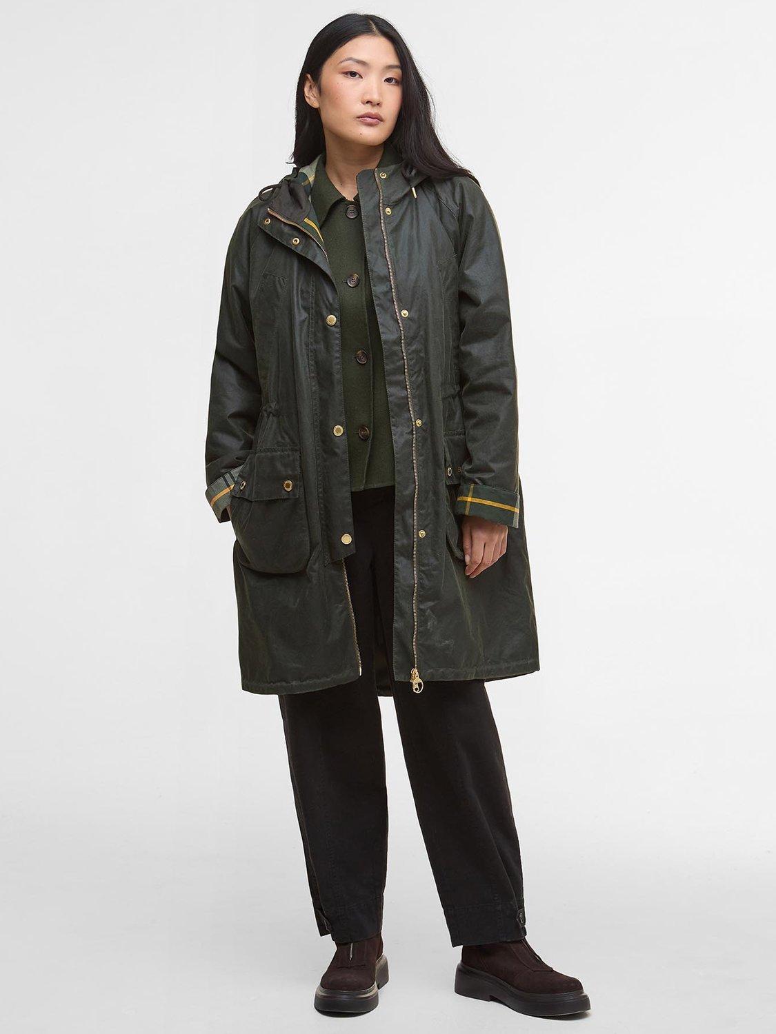 Product image 3 of 5, which shows Barbour Marcy Waxed Cotton Blend Parka Jacket, Fern/Ancient Tartan, 6