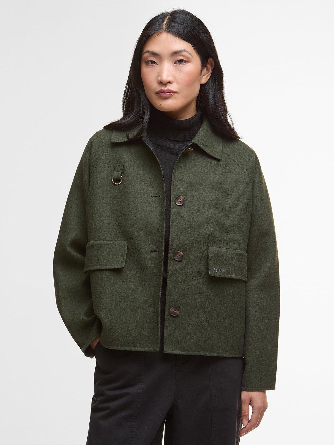 Product image 1 of 7, which shows Barbour Leonie Cropped Wool Blend Shirt Jacket, Olive, 18