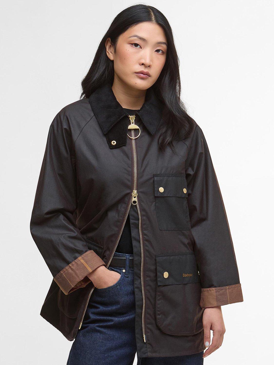 Product image 1 of 5, which shows Barbour Luella Waxed Mid Length Cotton Jacket, Rustic/Muted Tartan, 6