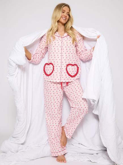 Loungeable Heart Gingham Long Pyjama Set, Pink, Pink