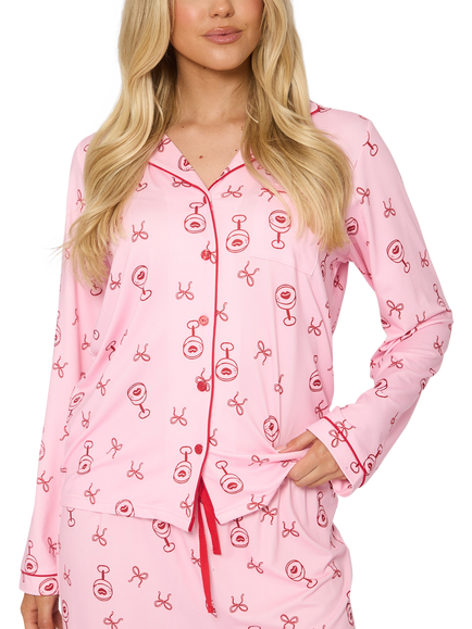 Loungeable Martini & Bow Long Pyjama Set, Pink - view 2, Pink