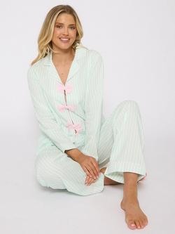 Loungeable Stripe Bow Front Long Pyjama Set, Mint, Mint