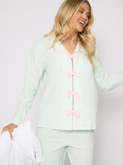 Loungeable Stripe Bow Front Long Pyjama Set, Mint - view 2, Mint