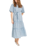 A-VIEW Kate Cotton Floral V-Neck Midi Dress, Blue/Navy