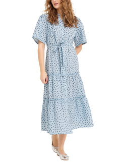 A-VIEW Kate Cotton Floral V-Neck Midi Dress, Blue/Navy, Blue/Navy