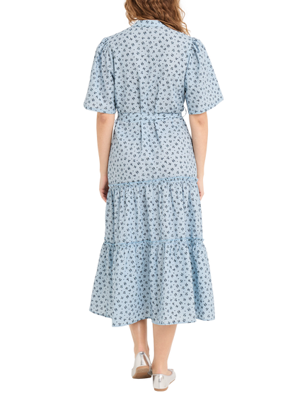 A-VIEW Kate Cotton Floral V-Neck Midi Dress, Blue/Navy - view 2, Blue/Navy
