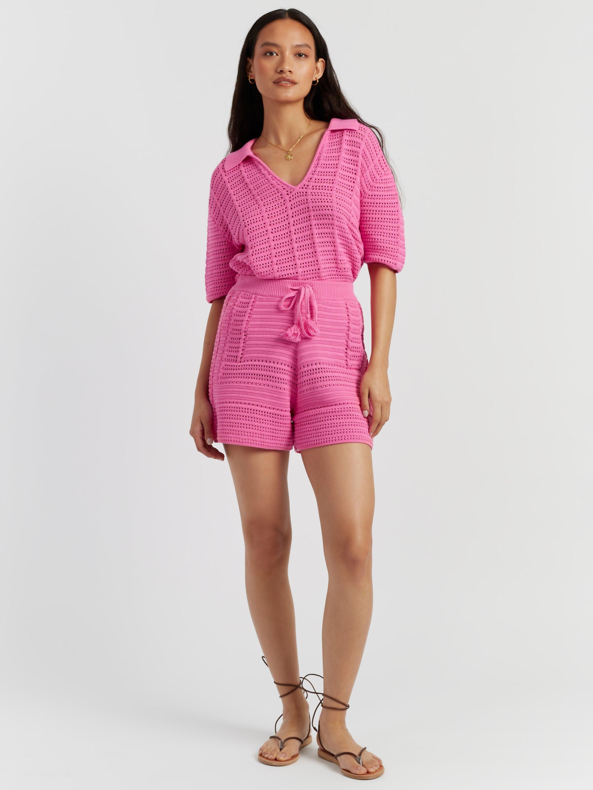Product image 1 of 5, which shows Chinti & Parker Cotton Crochet Shorts, Vivid Pink, XS