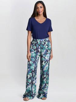 Gina Bacconi Satin Wide Leg Trousers, Blue/Multi, Blue/Multi