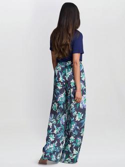 Gina Bacconi Satin Wide Leg Trousers, Blue/Multi - view 2, Blue/Multi