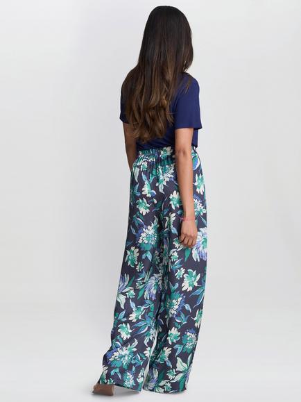Gina Bacconi Satin Wide Leg Trousers, Blue/Multi - view 2, Blue/Multi