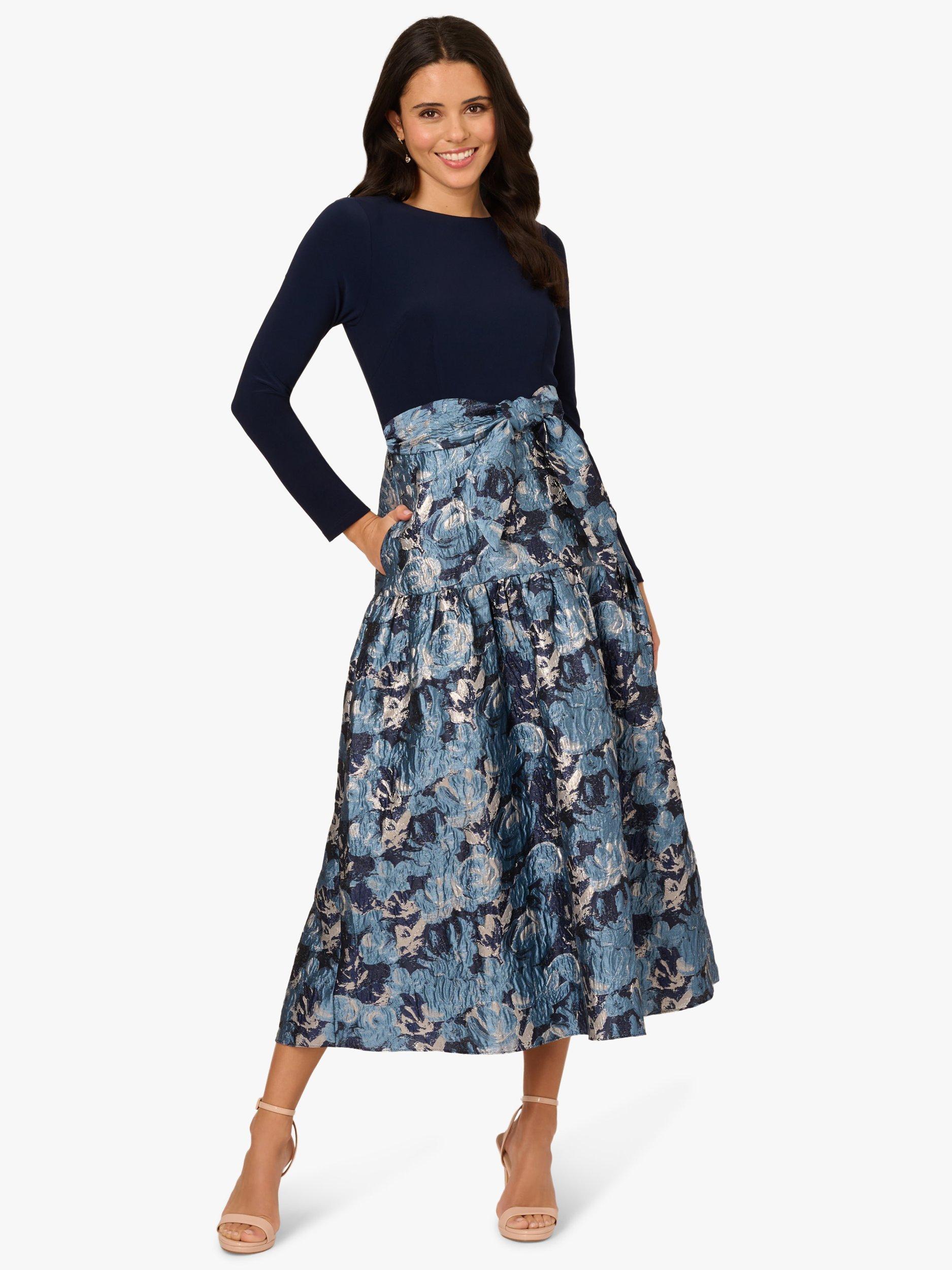 Adrianna Papell Jersey Floral Jacquard Midi Dress, Midnight/Multi