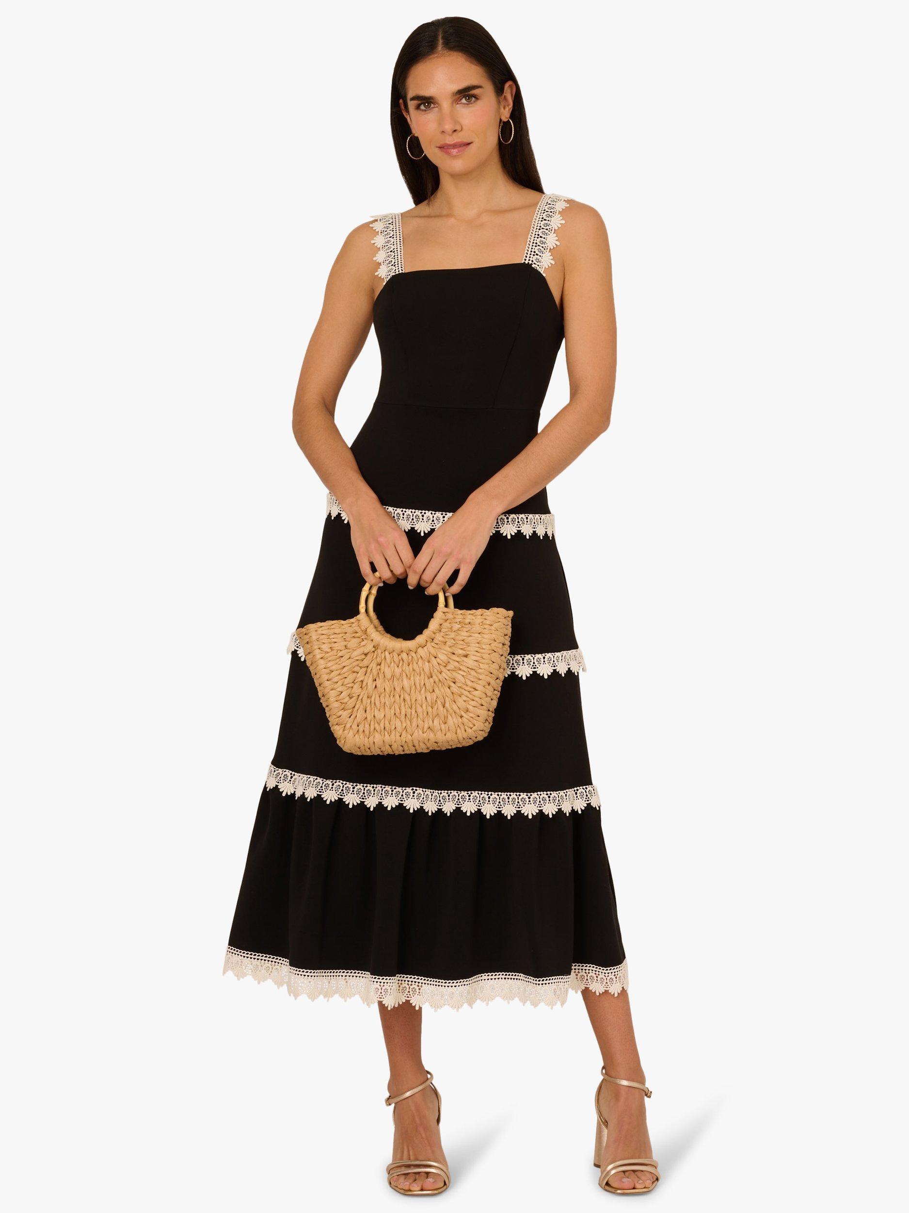 Product image 3 of 6, which shows Adrianna Papell Knitted Crochet Trim Dress, Black/Ecru, 6