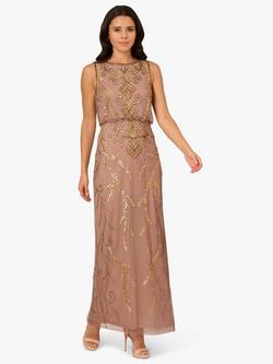 Papell Studio Beaded Scrollwork Blouson Bodice Maxi Dress, Stone, Stone