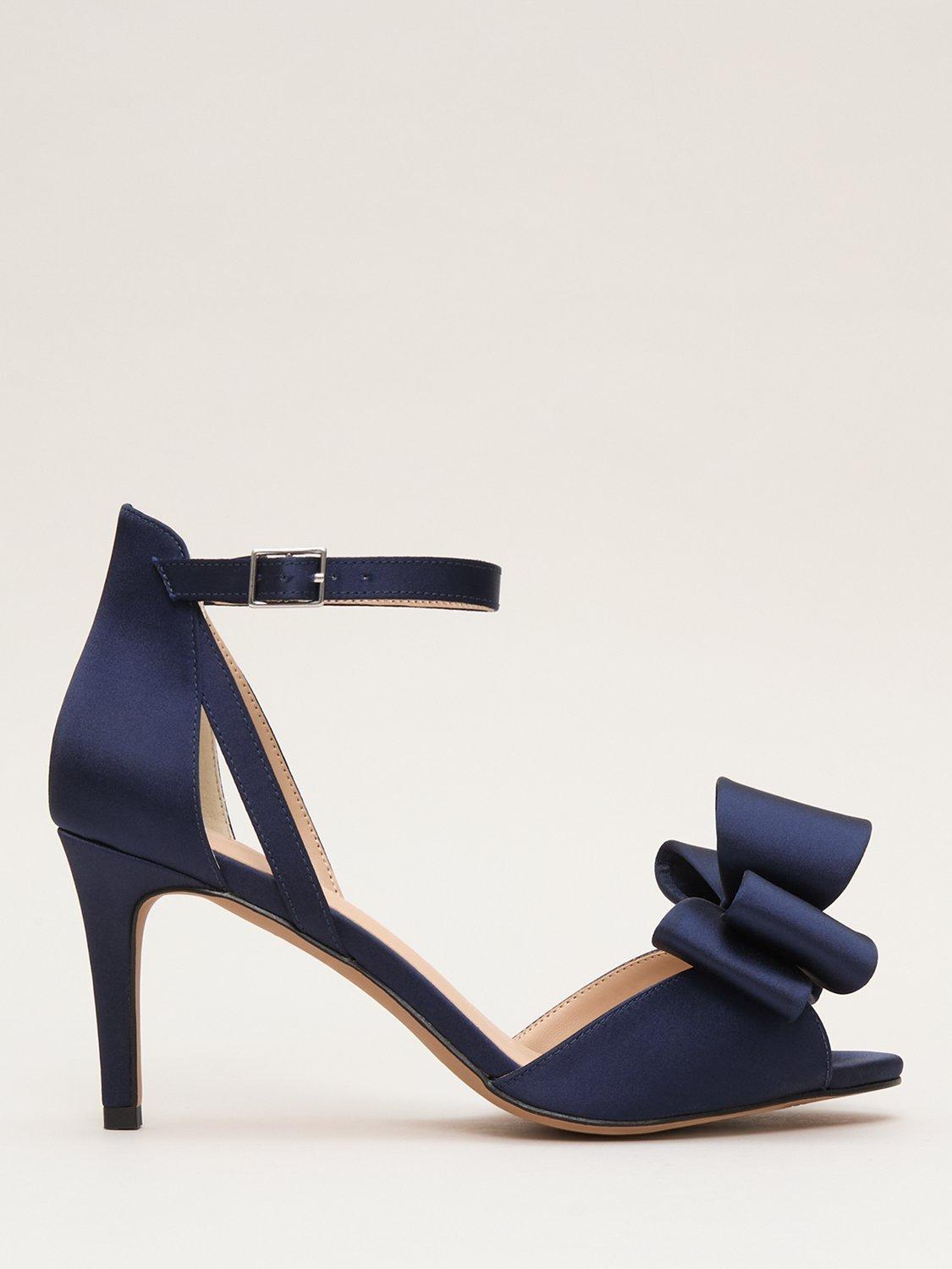 Product image 1 of 9, which shows Phase Eight Satin Bow Heeled Sandals, Navy, 3