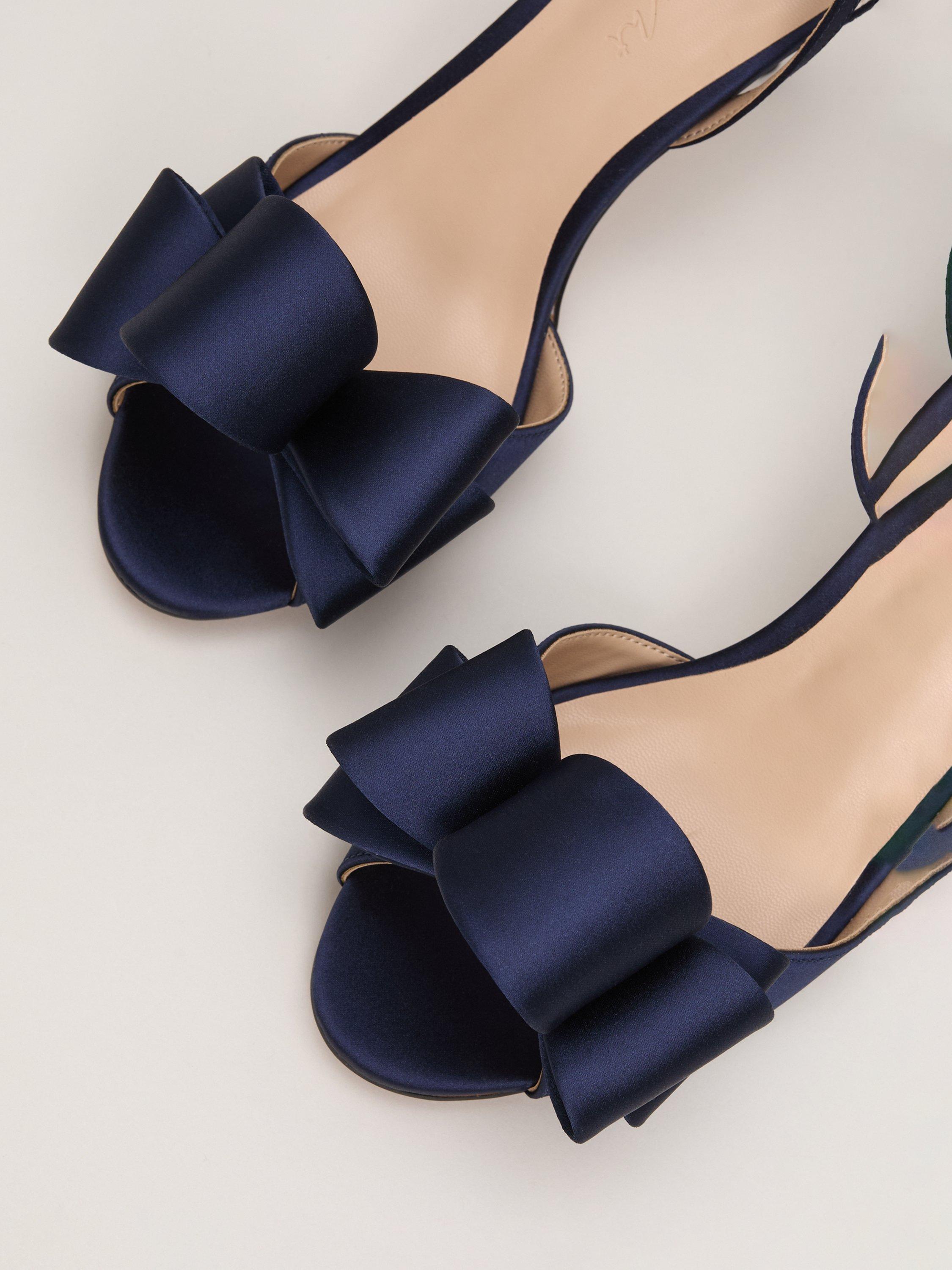 Product image 4 of 9, which shows Phase Eight Satin Bow Heeled Sandals, Navy, 3