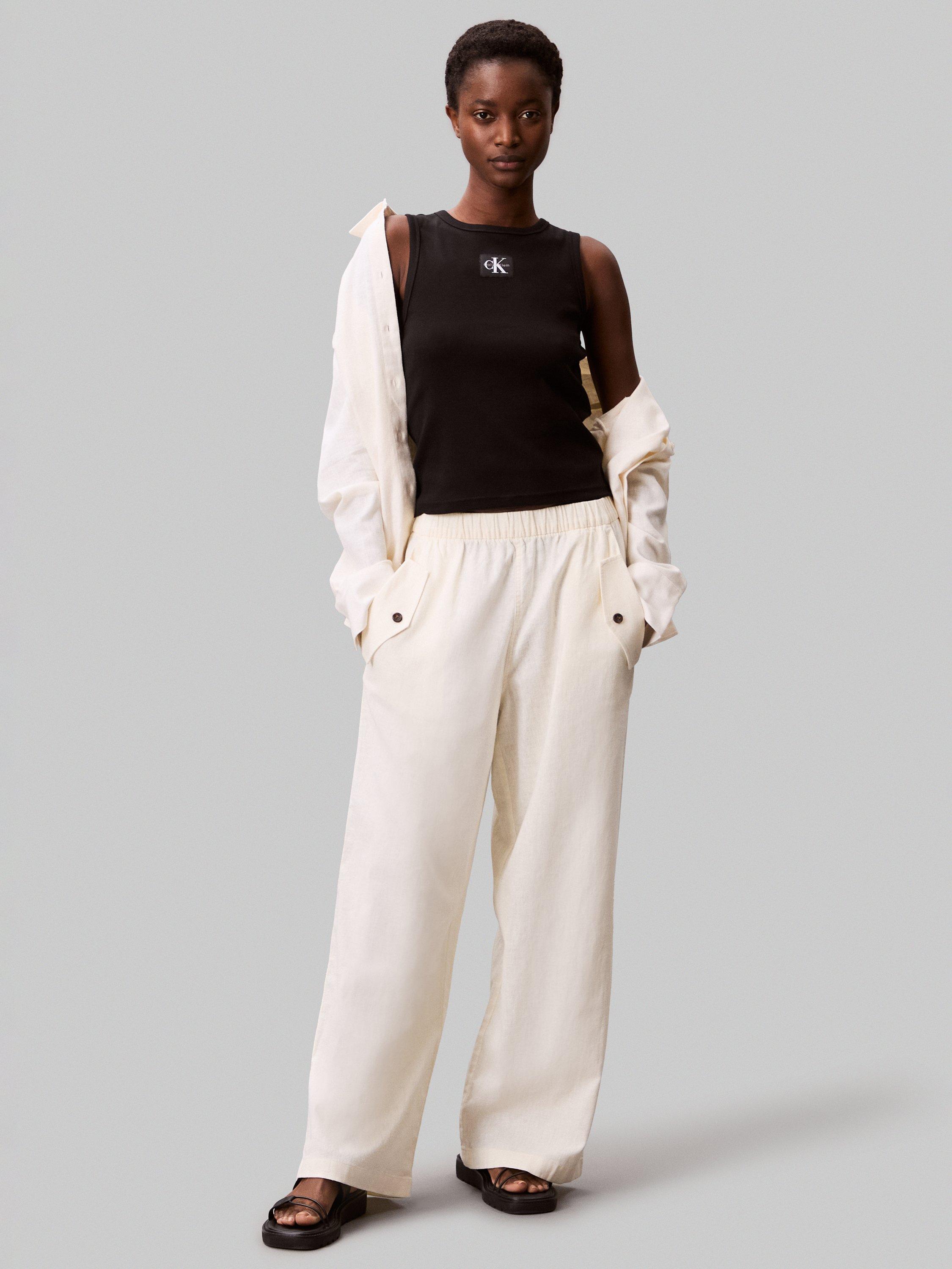 Product image 3 of 5, which shows Calvin Klein Linen Rich Cargo Trousers, Sweet Corn, XS