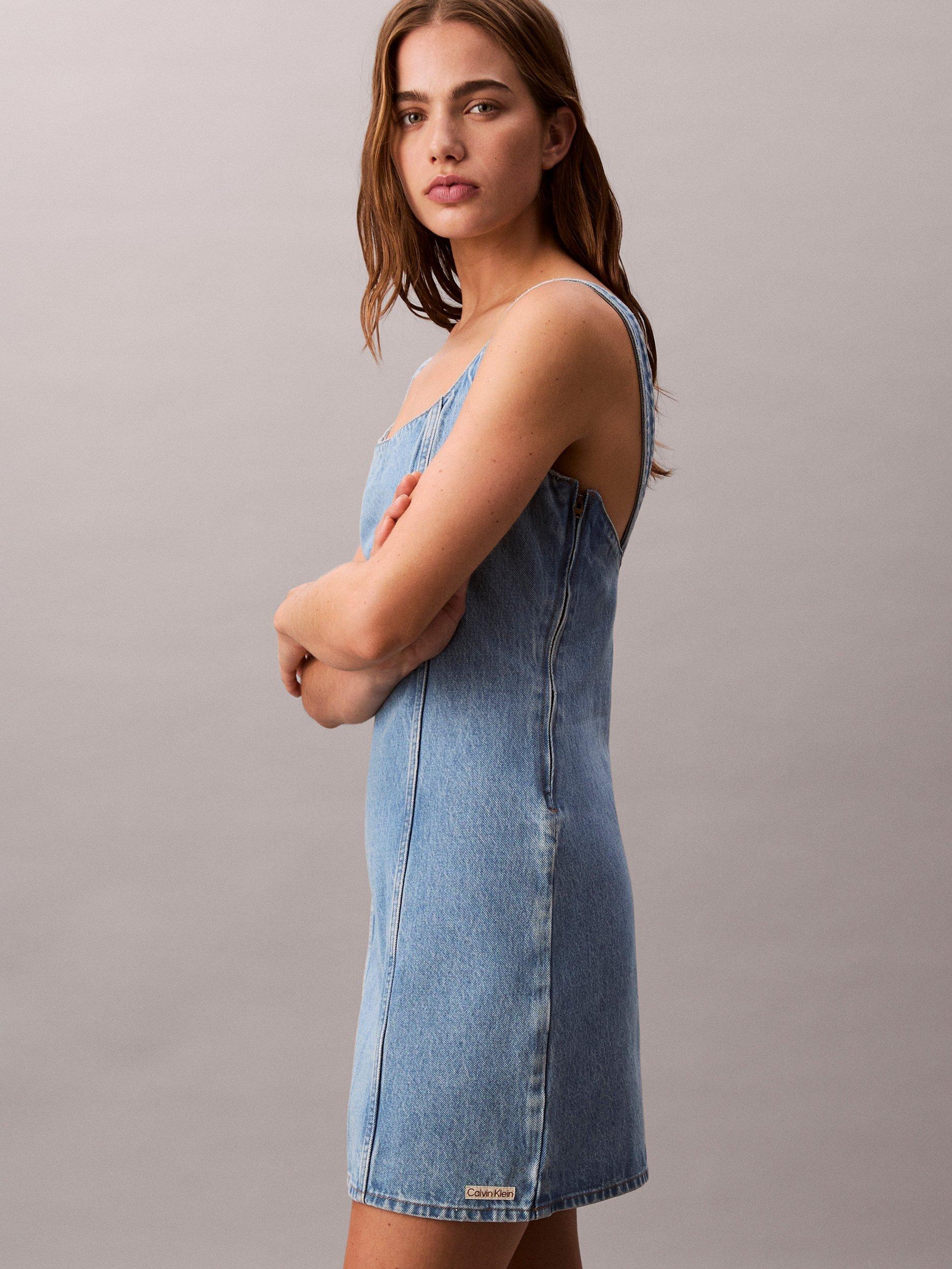 Product image 4 of 5, which shows Calvin Klein Scoop Neck Denim Dress, Evening Blue, XXS