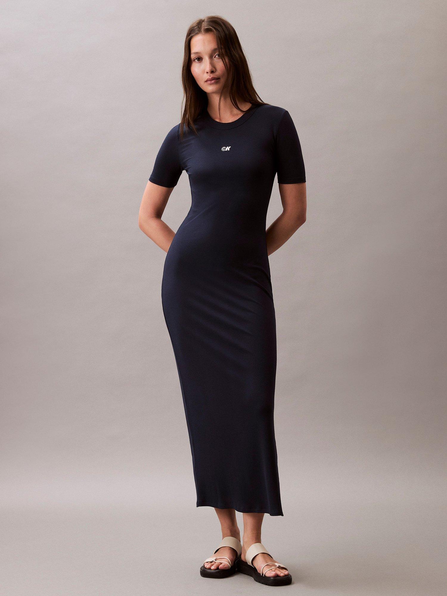 Product image 1 of 5, which shows Calvin Klein Ribbed Short Sleeve Mixed Blend Maxi Dress, Dark Sapphire, L