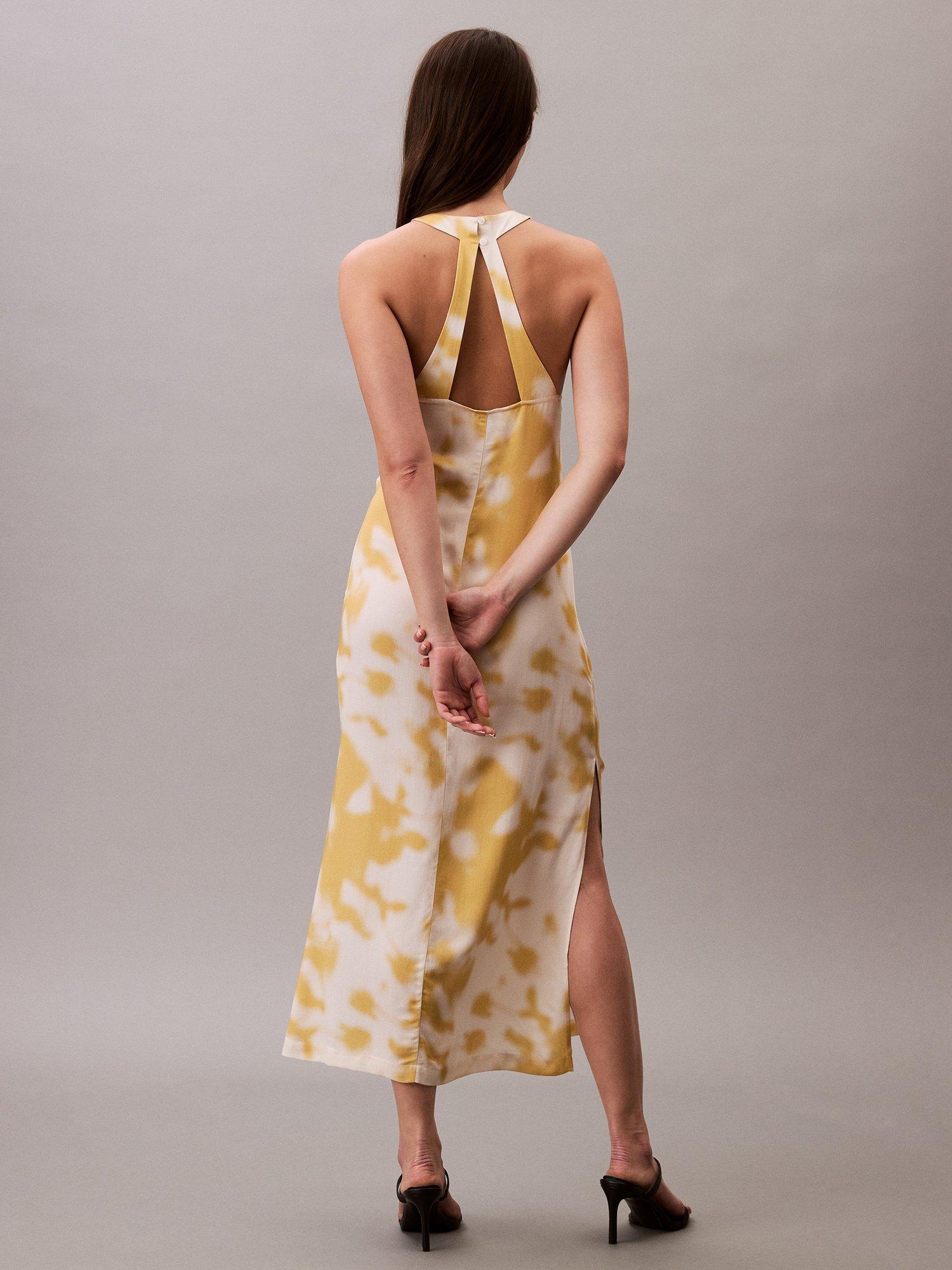Product image 2 of 5, which shows Calvin Klein Abstract Print Satin Halterneck Dress, Gold/Multi, 14