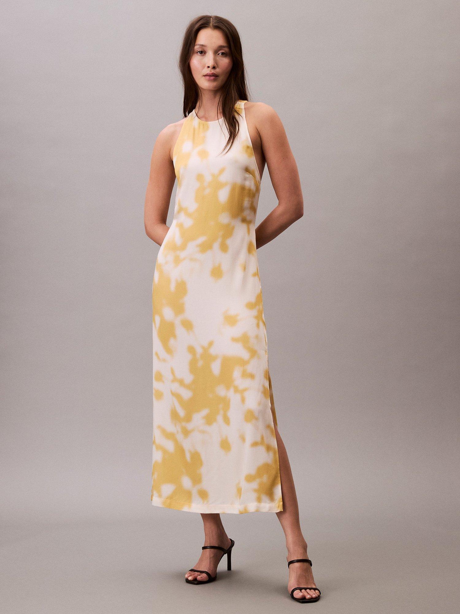 Product image 3 of 5, which shows Calvin Klein Abstract Print Satin Halterneck Dress, Gold/Multi, 14