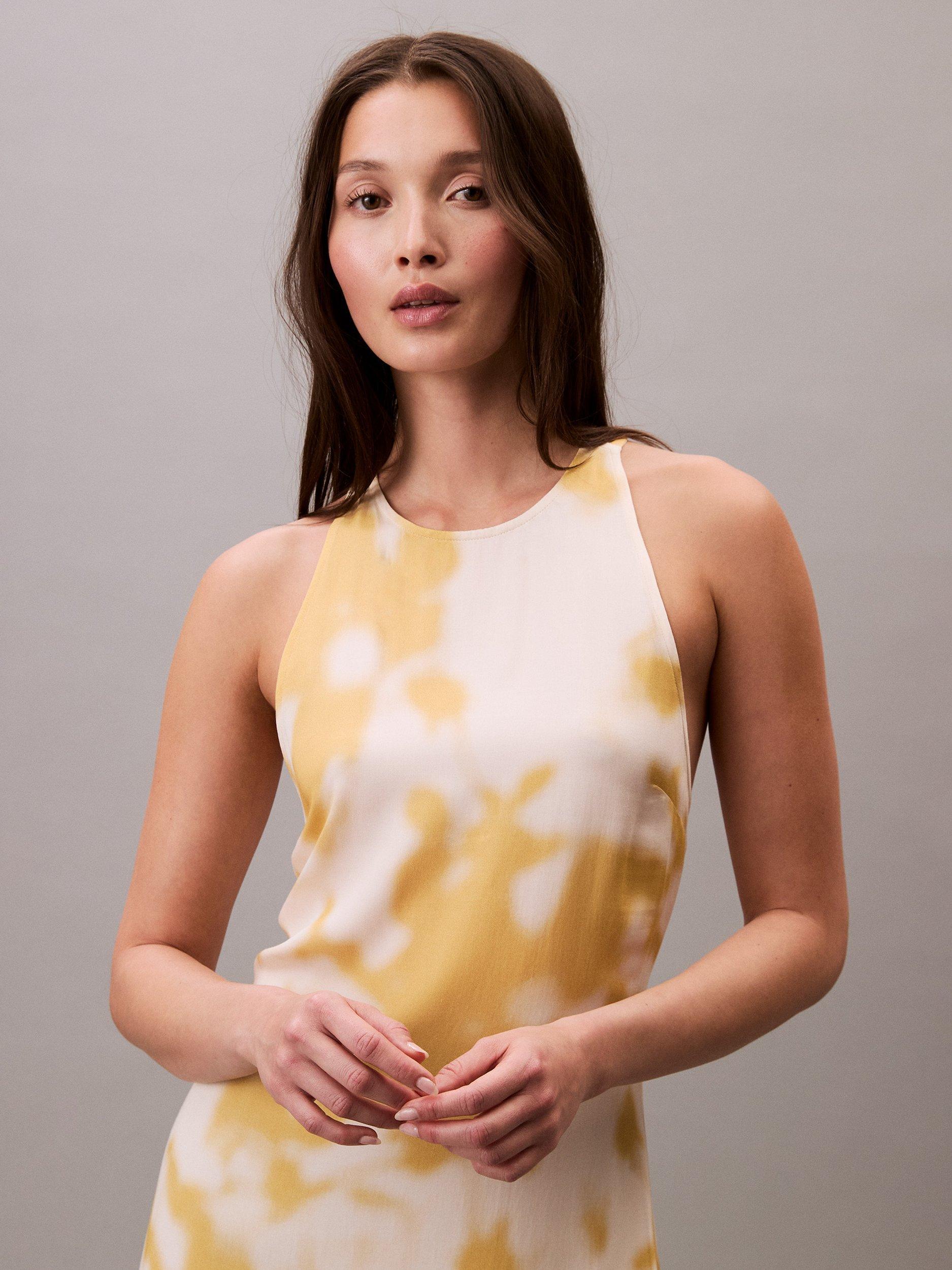 Product image 5 of 5, which shows Calvin Klein Abstract Print Satin Halterneck Dress, Gold/Multi, 14
