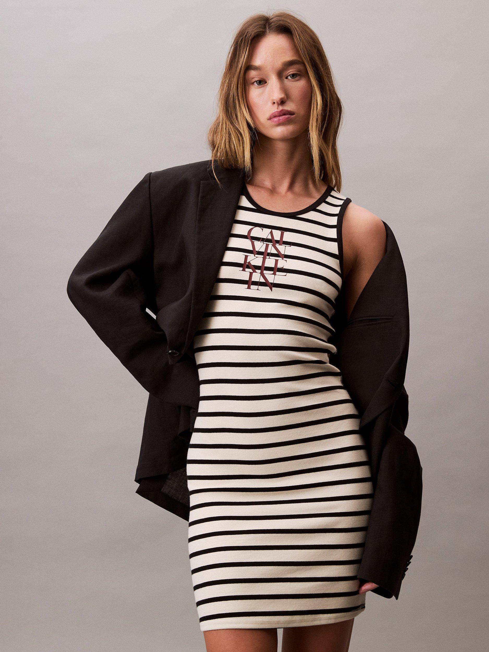 Product image 4 of 5, which shows Calvin Klein Cotton Blend Stripe Logo Sleeveless Dress, Cream/Multi, XXS