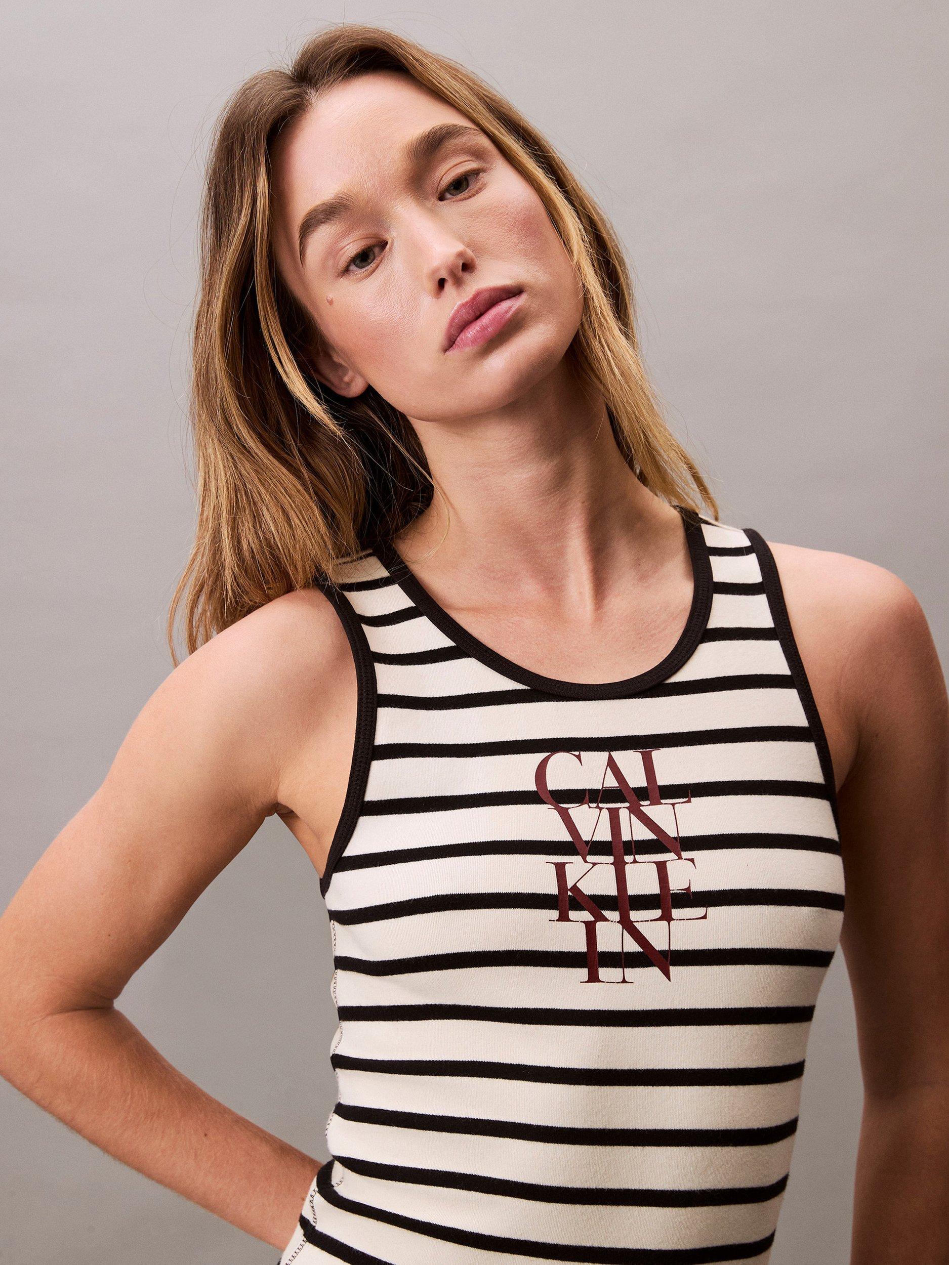Product image 5 of 5, which shows Calvin Klein Cotton Blend Stripe Logo Sleeveless Dress, Cream/Multi, XXS