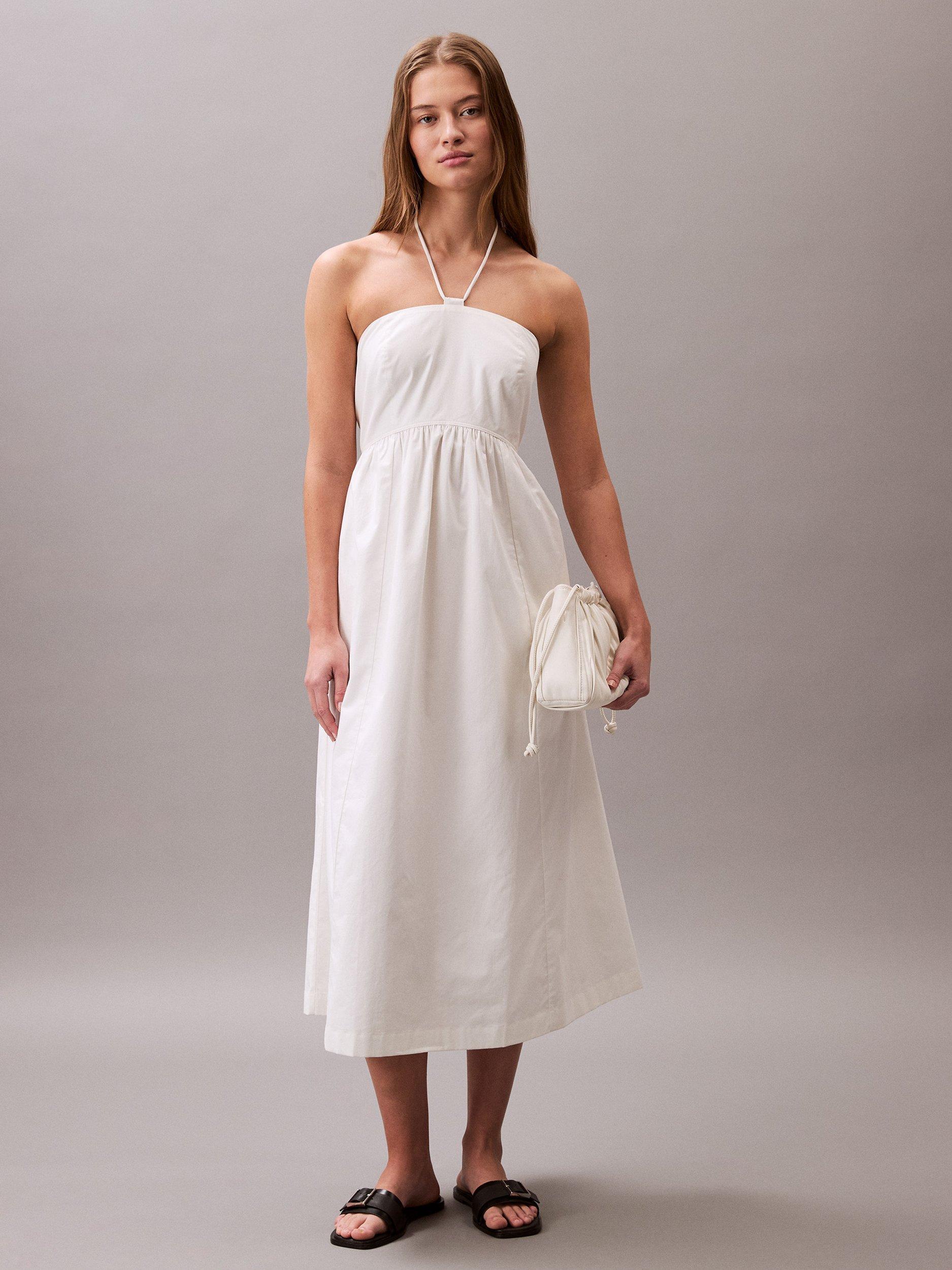 Product image 1 of 5, which shows Calvin Klein Cotton Halterneck Midi Dress, Blanc De Blanc, L