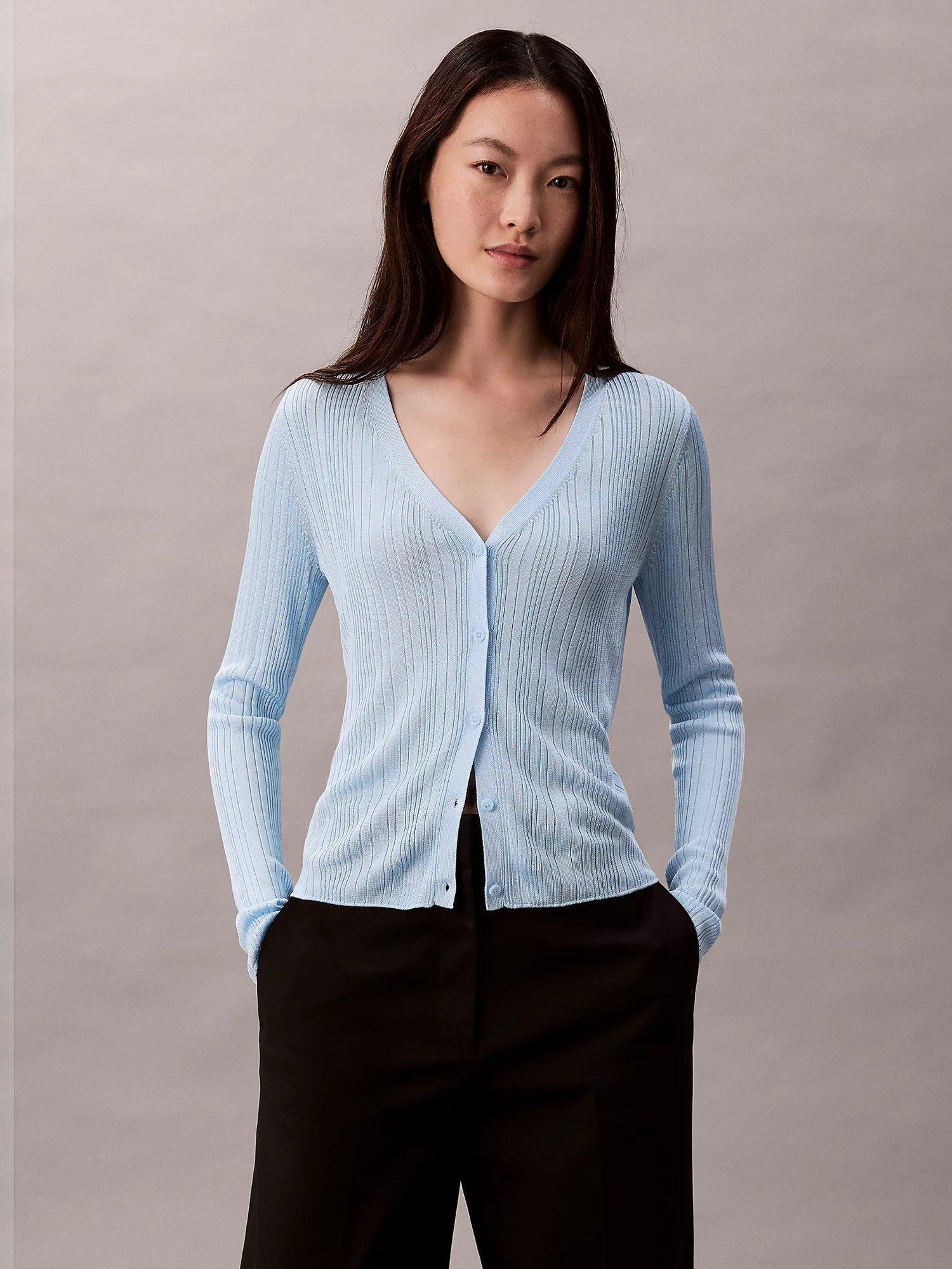 Product image 1 of 5, which shows Calvin Klein Long Sleeve V Neck Ribbed Cardigan, Cool Blue, XXS