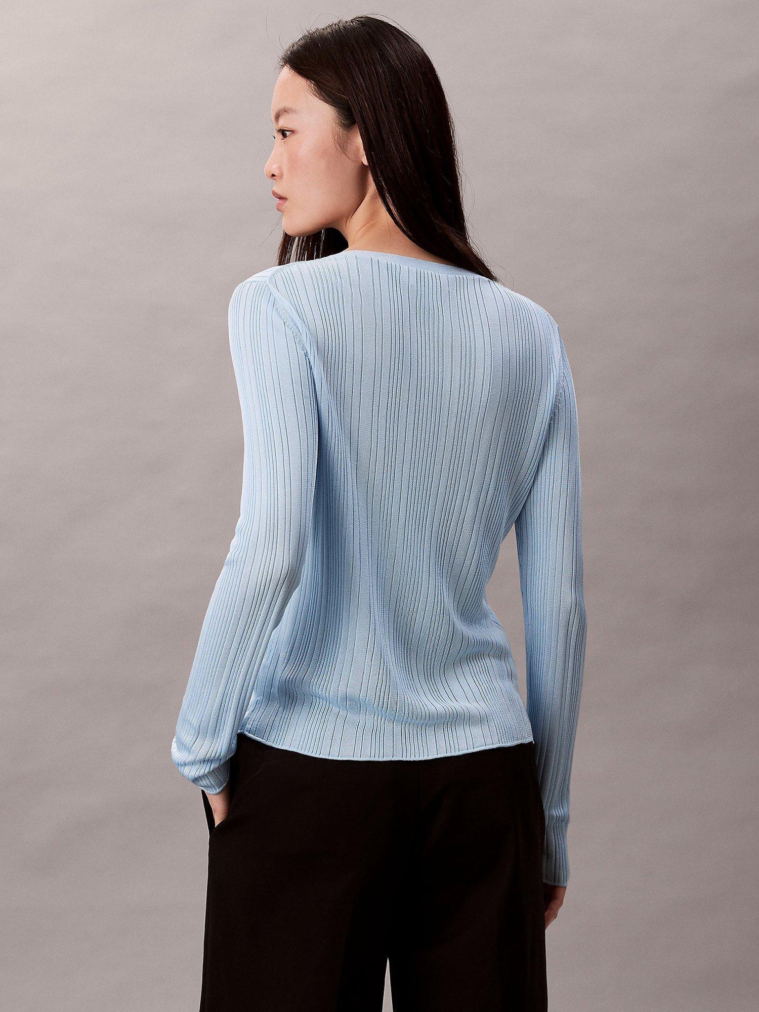 Product image 2 of 5, which shows Calvin Klein Long Sleeve V Neck Ribbed Cardigan, Cool Blue, XXS