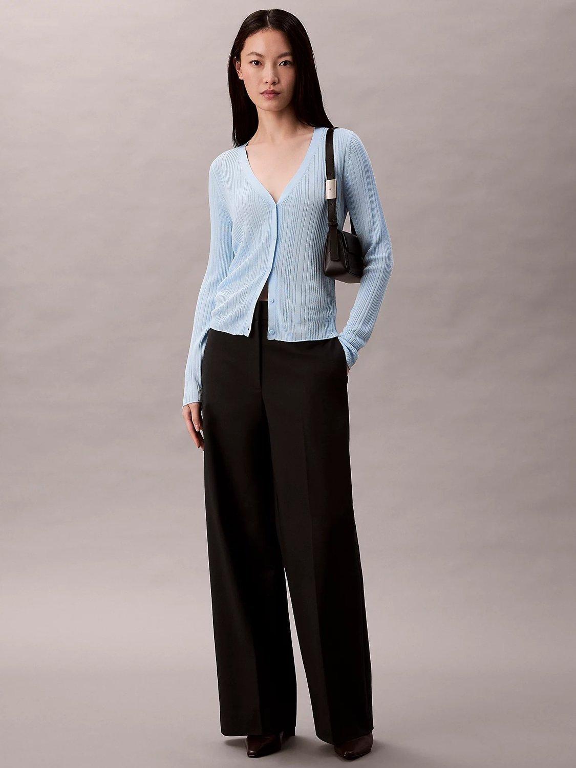 Product image 3 of 5, which shows Calvin Klein Long Sleeve V Neck Ribbed Cardigan, Cool Blue, XXS