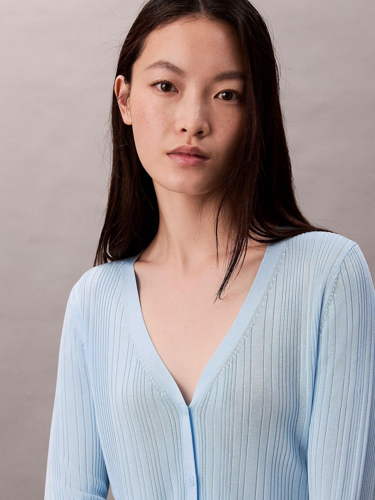 Product image 4 of 5, which shows Calvin Klein Long Sleeve V Neck Ribbed Cardigan, Cool Blue, XXS