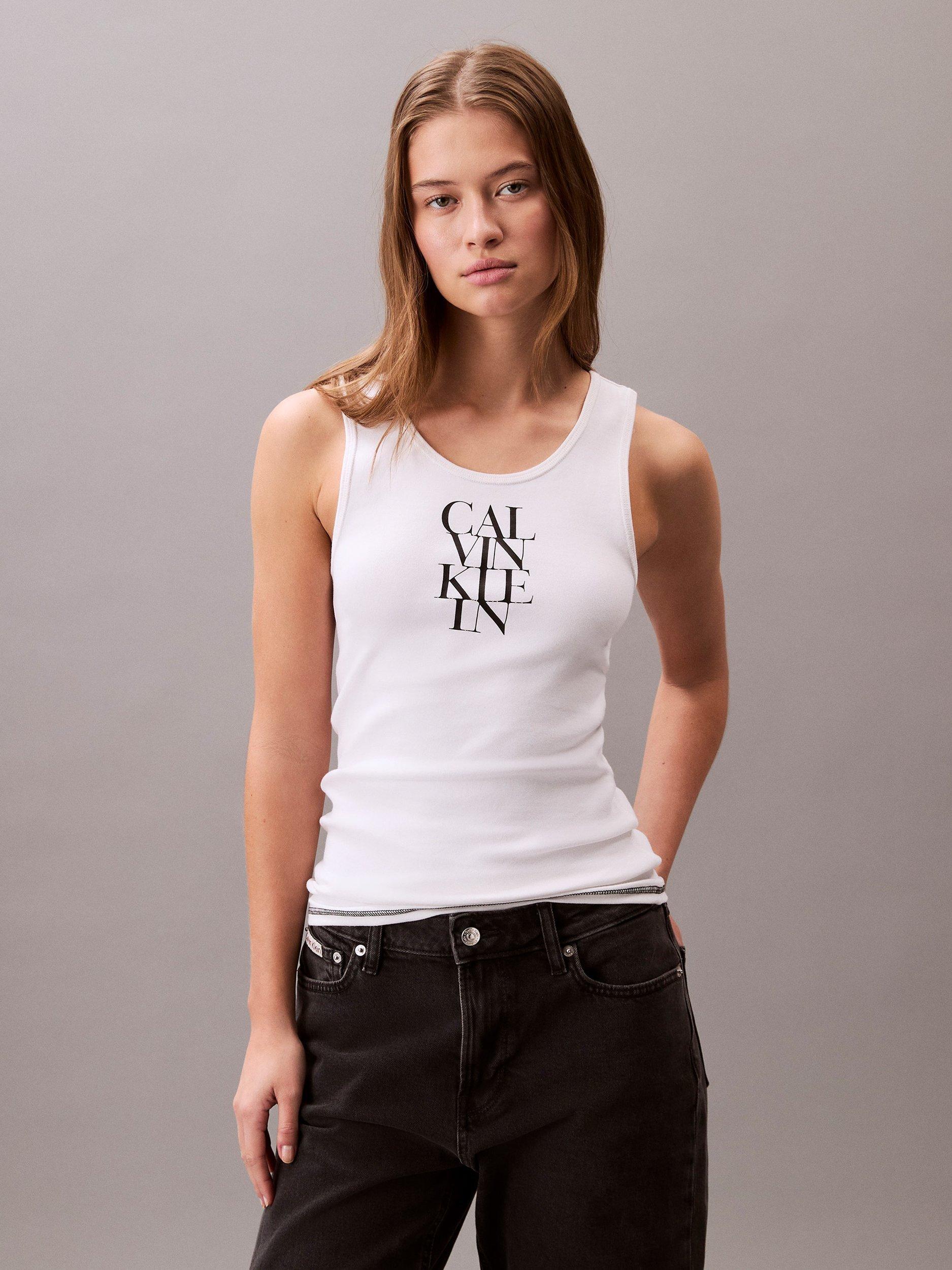 Product image 1 of 5, which shows Calvin Klein Cotton Blend Logo Vest Top, Brilliant White, XXS