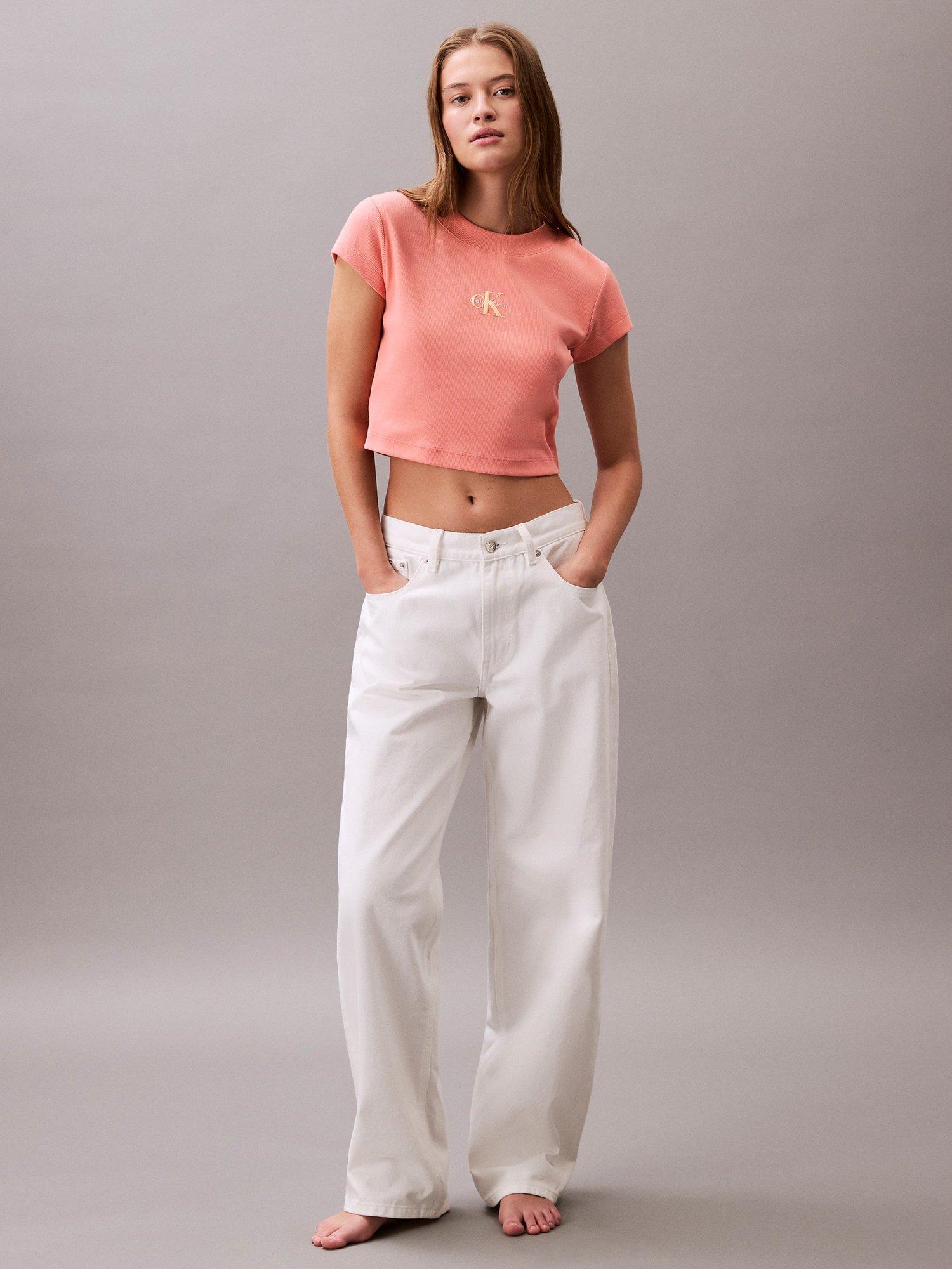 Product image 3 of 5, which shows Calvin Klein Monogram T-Shirt, Powder Orange, XXS