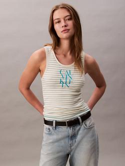Calvin Klein Cotton Blend Stripe Logo Vest Top, Cream/Blue, Cream/Blue