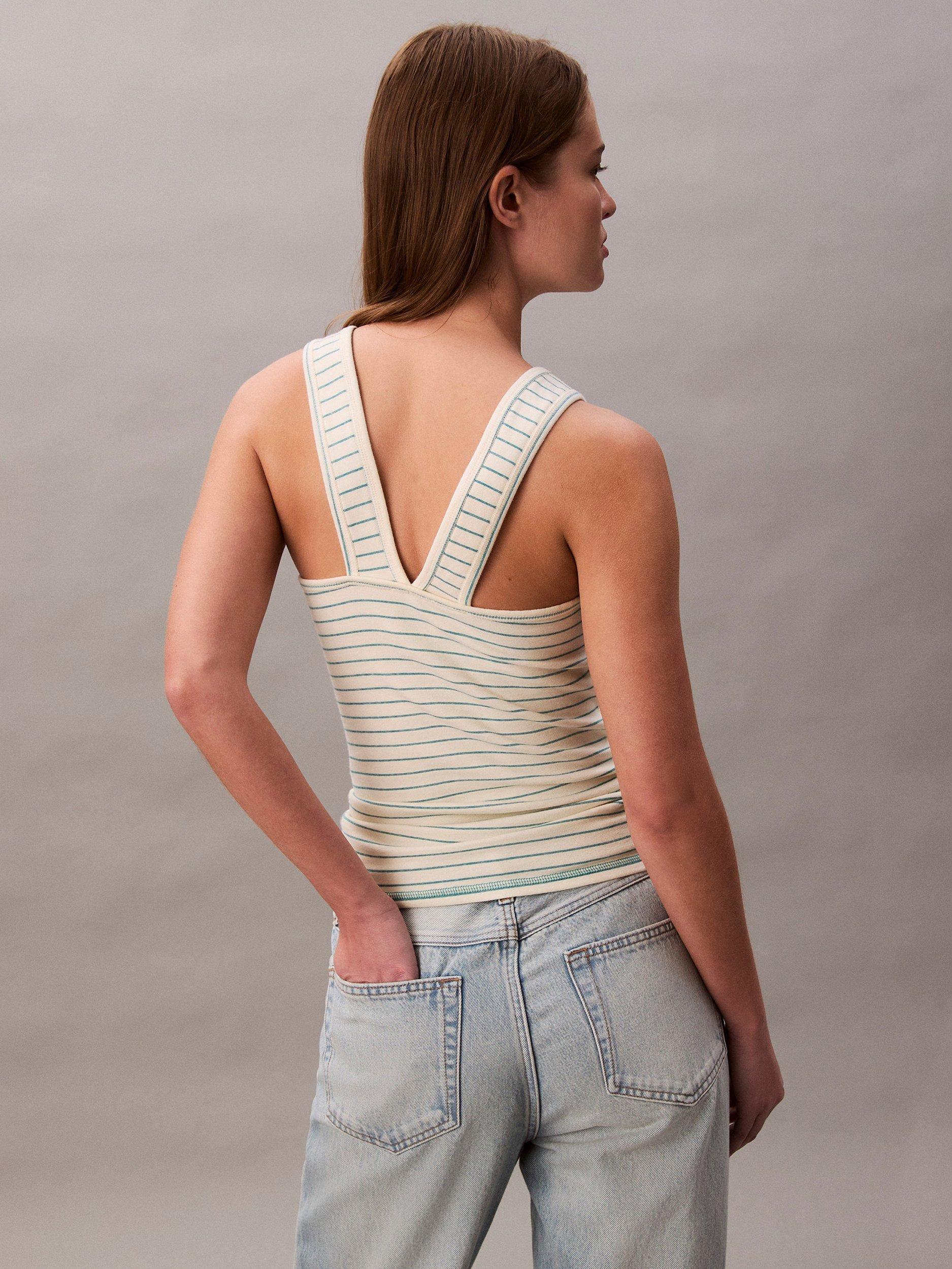 Product image 2 of 5, which shows Calvin Klein Cotton Blend Stripe Logo Vest Top, Cream/Blue, L