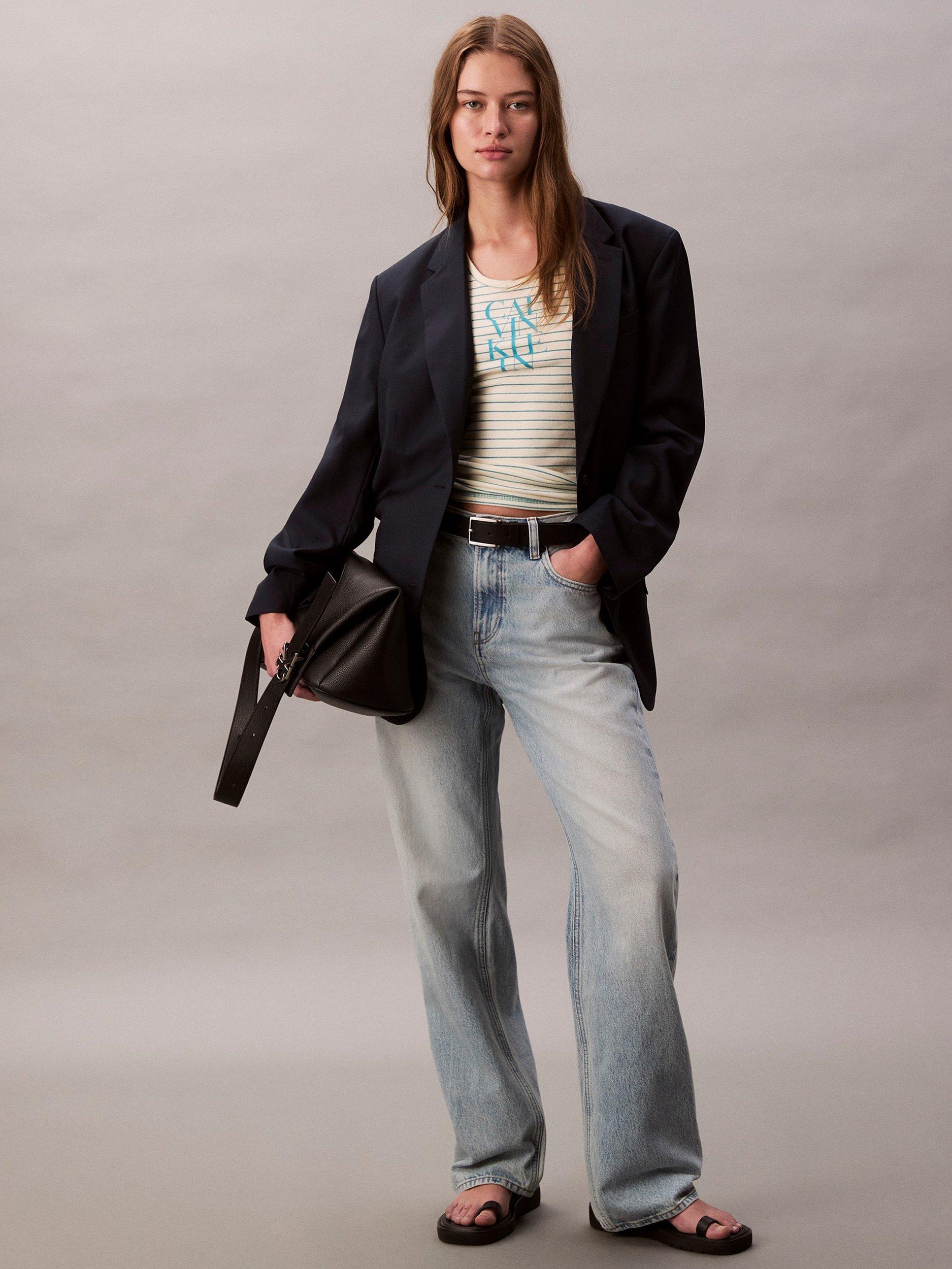 Product image 3 of 5, which shows Calvin Klein Cotton Blend Stripe Logo Vest Top, Cream/Blue, L