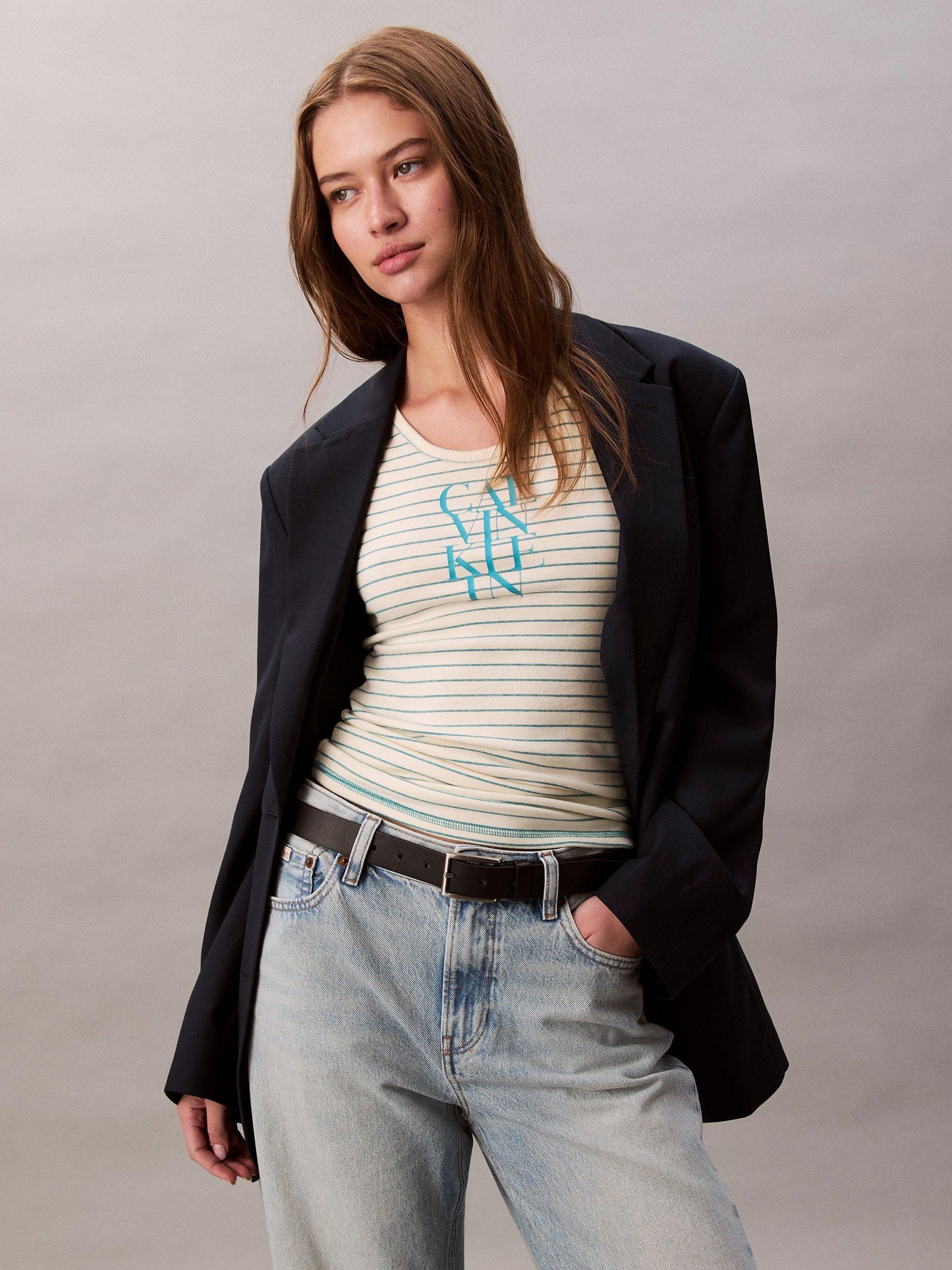 Product image 4 of 5, which shows Calvin Klein Cotton Blend Stripe Logo Vest Top, Cream/Blue, L