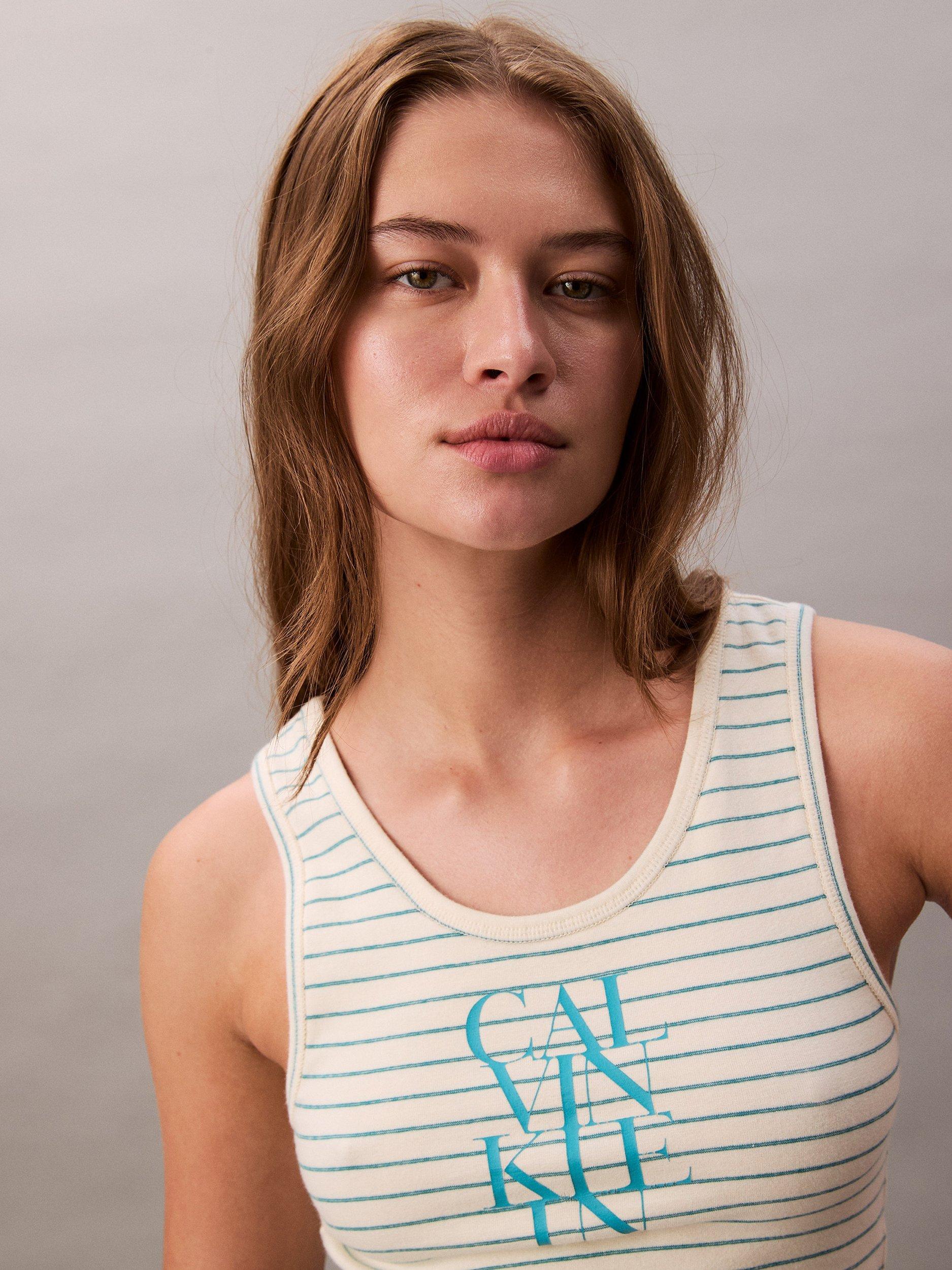 Product image 5 of 5, which shows Calvin Klein Cotton Blend Stripe Logo Vest Top, Cream/Blue, L
