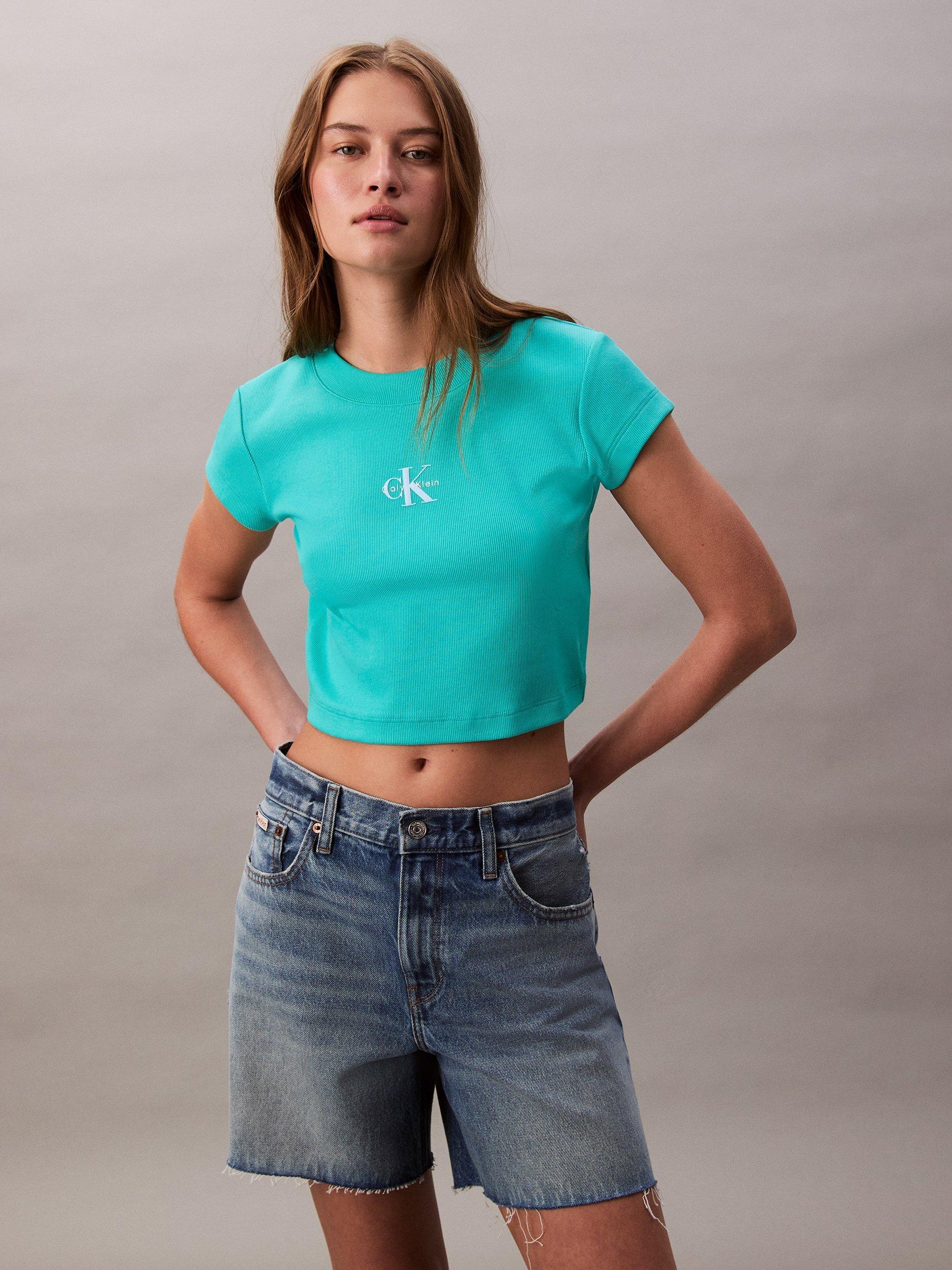 Product image 1 of 5, which shows Calvin Klein Monogram T-Shirt, Turquoise, XS