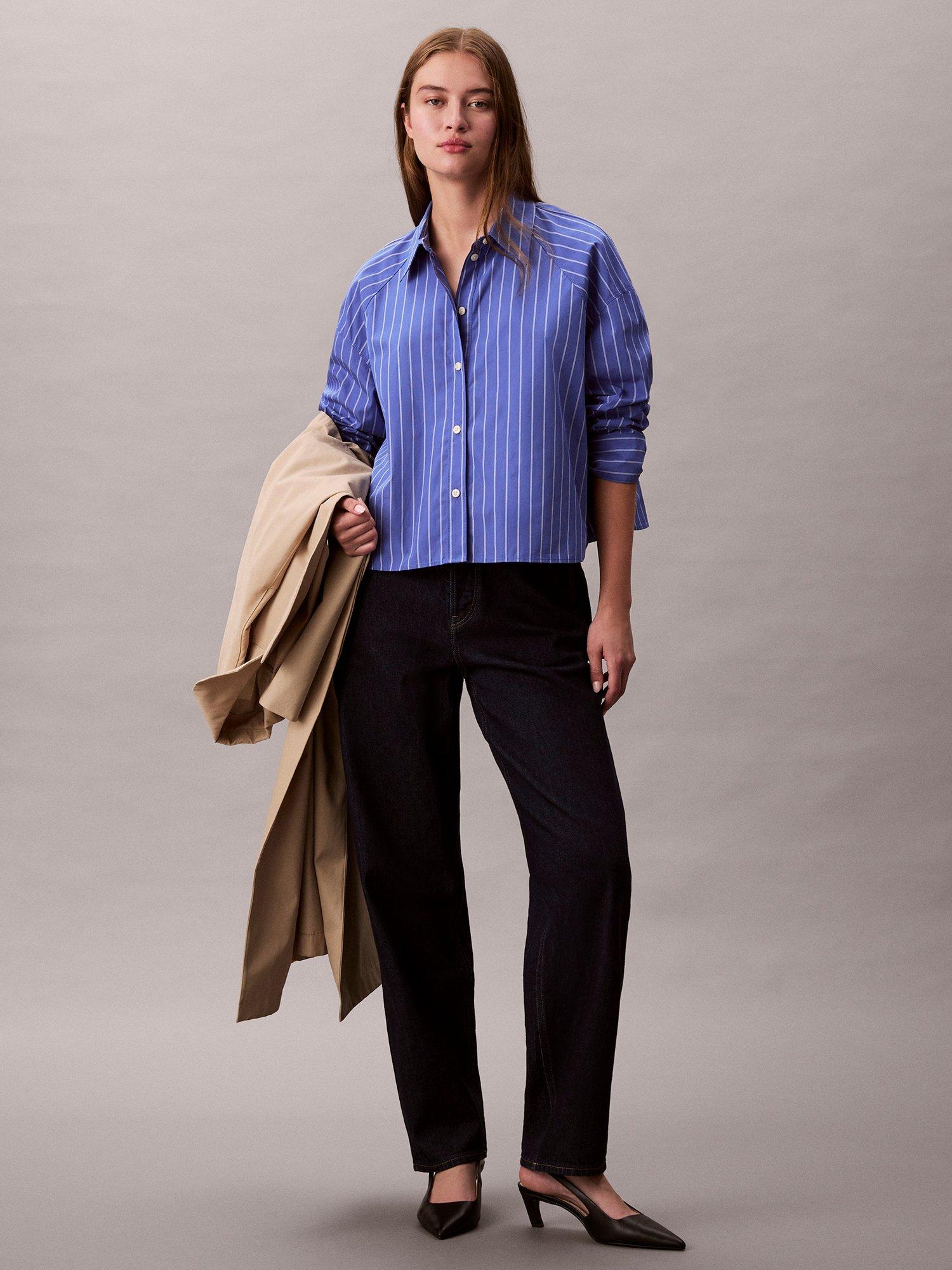 Product image 1 of 5, which shows Calvin Klein Stripe Boxy Cropped Shirt, Amparo Blue, XS