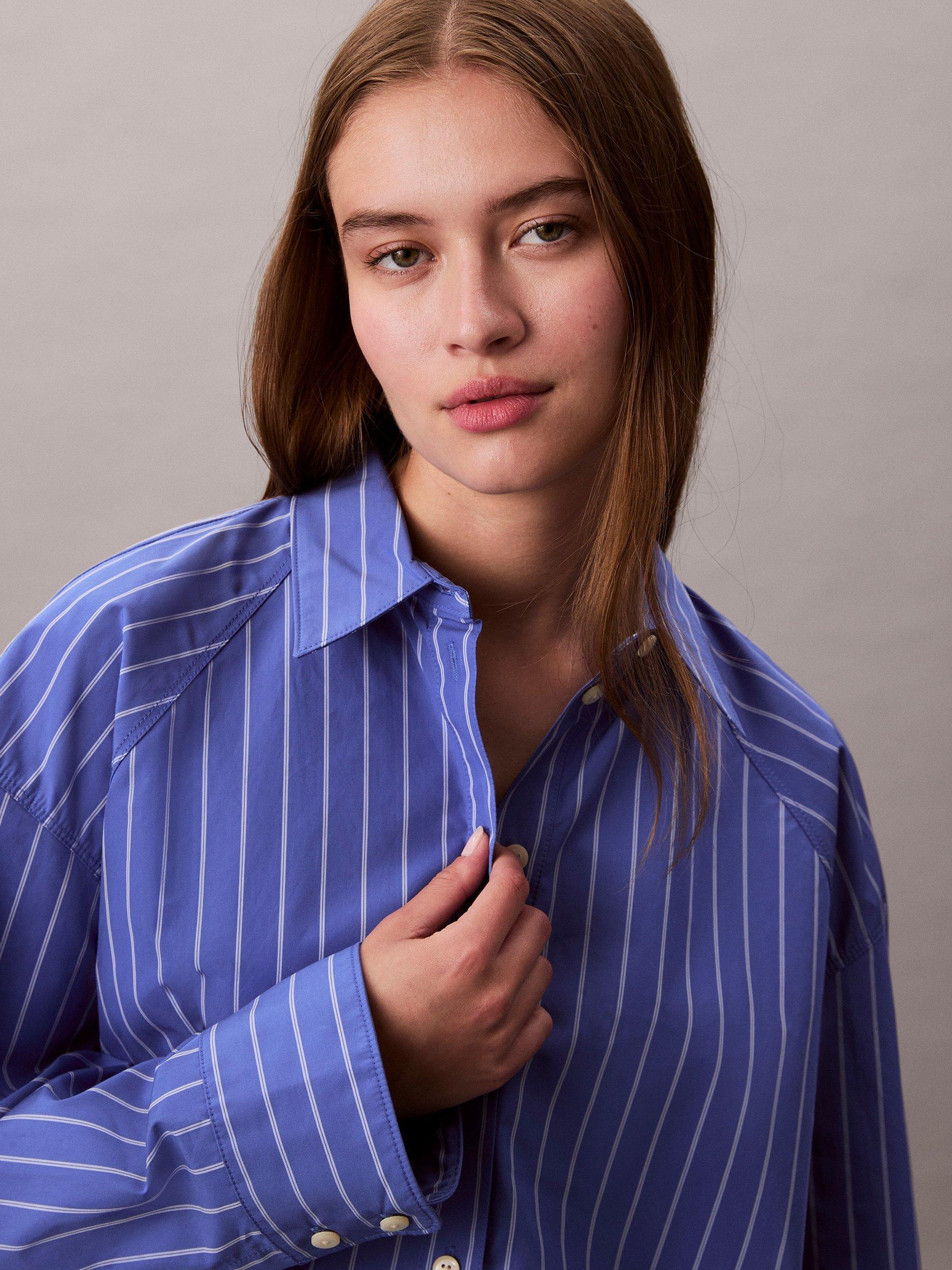 Product image 3 of 5, which shows Calvin Klein Stripe Boxy Cropped Shirt, Amparo Blue, XS